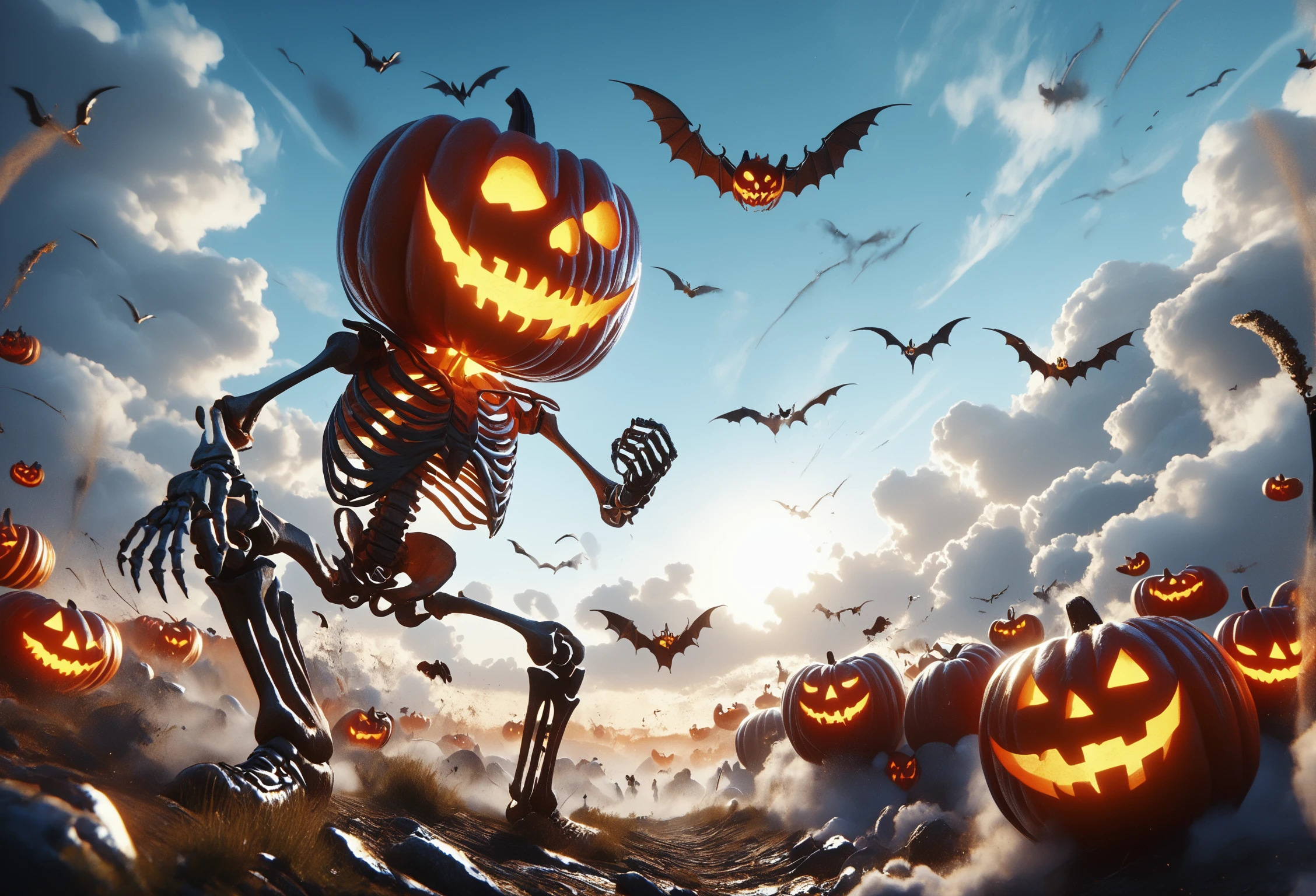 score_9, score_8_up, score_7_up, Skel-o'-lantern, wide shot, dutch angle, fighting stance, standing, full body, no humans, glowing, scenery, outdoors, surrounded by thousand jack-o'-lantern, cloud, sky, bat \(animal\), glowing eyes, glowing mouth, cloudy sky, , <lora:Skel-o'-lantern_v2:1.0>