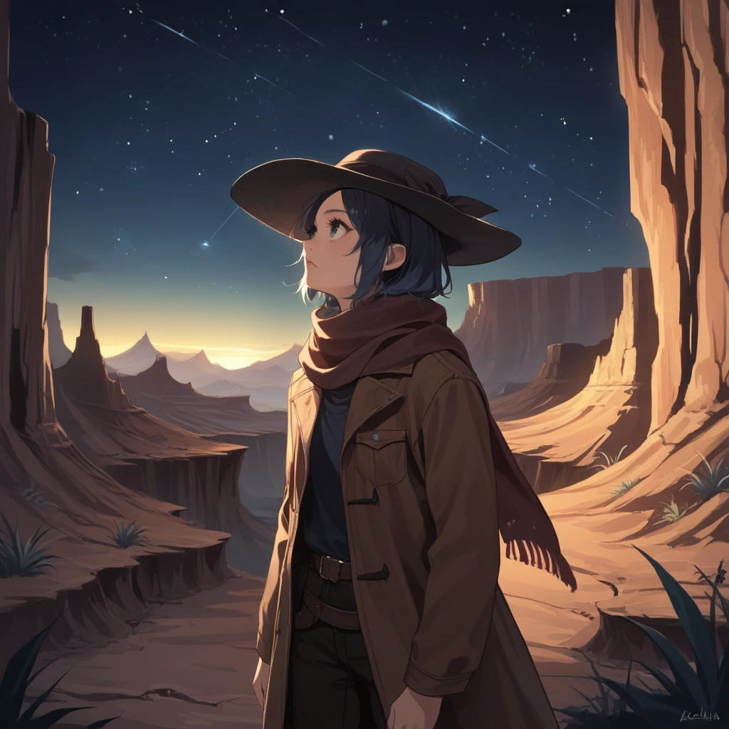 score_9, score_8_up, score_7_up, score_6_up, score_5_up, score_4_up, zPDXL2,source_anime,rating_questionable,  1girl, cowgirl, hat, scarf, looking away, looking up, cowboy shot, night time, stars, night, <lora:Canyon:0.7> c4nyn, canyon, outdoors, day,  blue sky, mountain, desert, mesa,