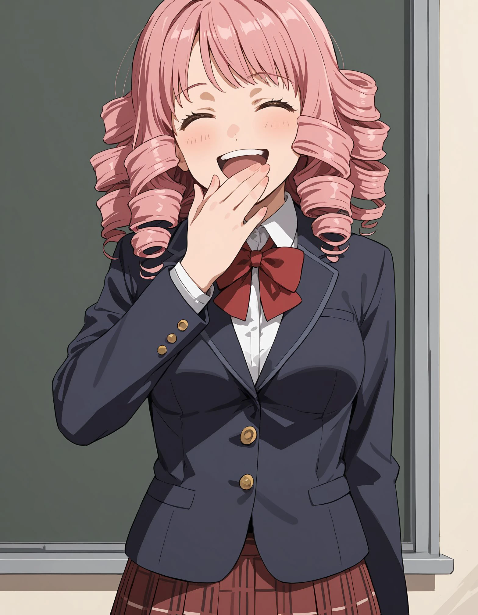 score_9, rating_safe, source_anime, 1girl, medium breasts, pink hair, ringlets, school uniform, blouse, blazer, christian high school, laughing, hand covering mouth