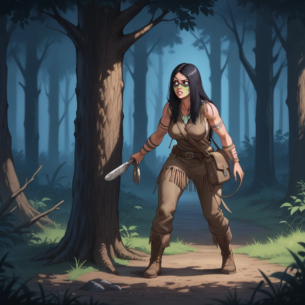 score_9, score_8, score_7, score_6_up, Naprruey, tassels, 
long hair, large breasts, black hair, fringe trim, boots, necklace, tree, clenched teeth:0.1, bow, weapon, holding, facepaint, tribal, pants, 
focused, night, full body, hiding, looking ahead,((hiding behind tree)),satchel:0.2, torn clothes,
<lora:Naru_Prey:1>
BREAK predator_(character), stalking,