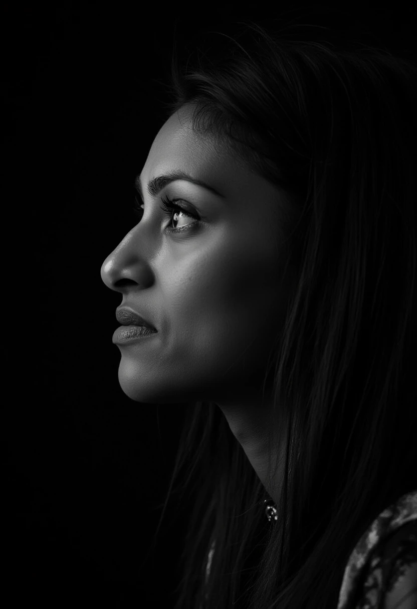 a black and white face profile photo of shinisomara, a woman. The background is black.