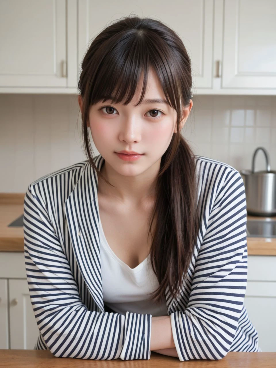 score_9,score_8_up,score_7_up,
best quality,realistic,photorealistic,face focus,
BREAK
Japanese girl,
round face,
ponytail with bang,
striped jacket,
BREAK
kitchen,