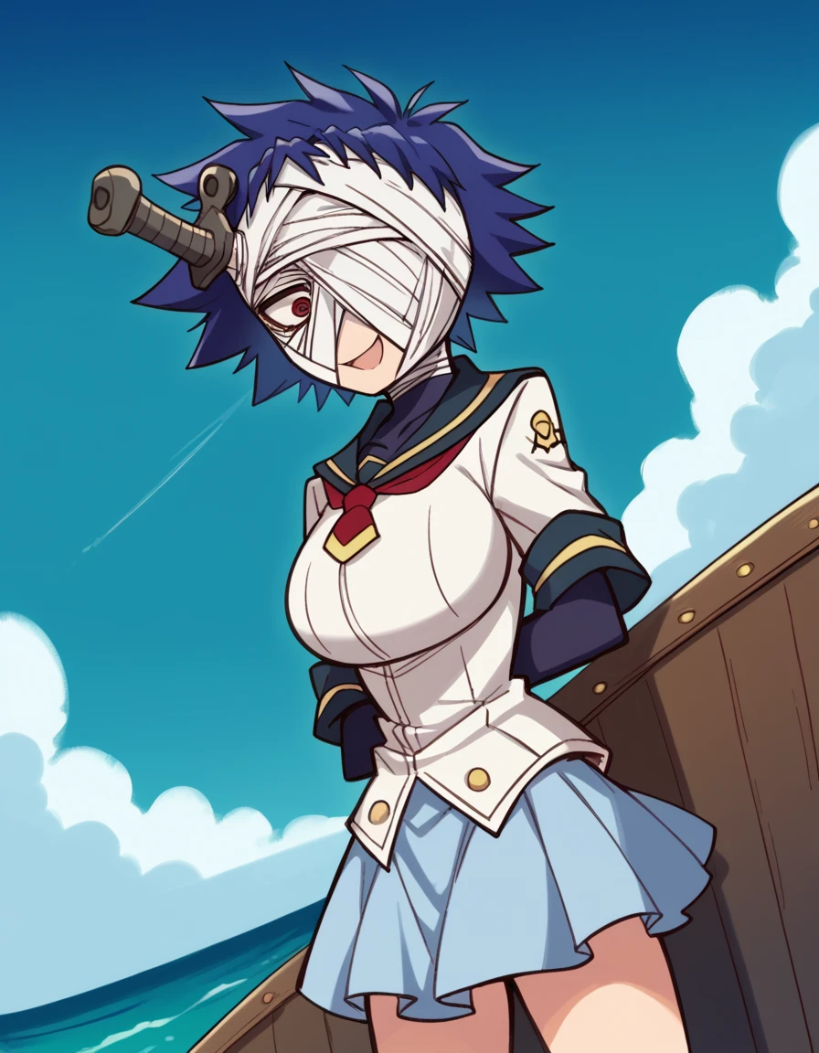 score_9, score_8_up, score_7_up, source_anime, <lora:youka-naze-s2-ponyxl-lora-nochekaiser:1>, youka naze, short hair, large breasts, red eyes, blue hair, bandages, bandage over one eye, <lora:pirate-costume-ponyxl-lora-nochekaiser:1>, pirate costume, pirate hat, skirt, gloves, jacket, shirt, eyepatch,, blue sky, sea, ocean, pirate ship, treasure, gold, smug, open mouth, from below, sitting,, , dutch angle, cowboy shot