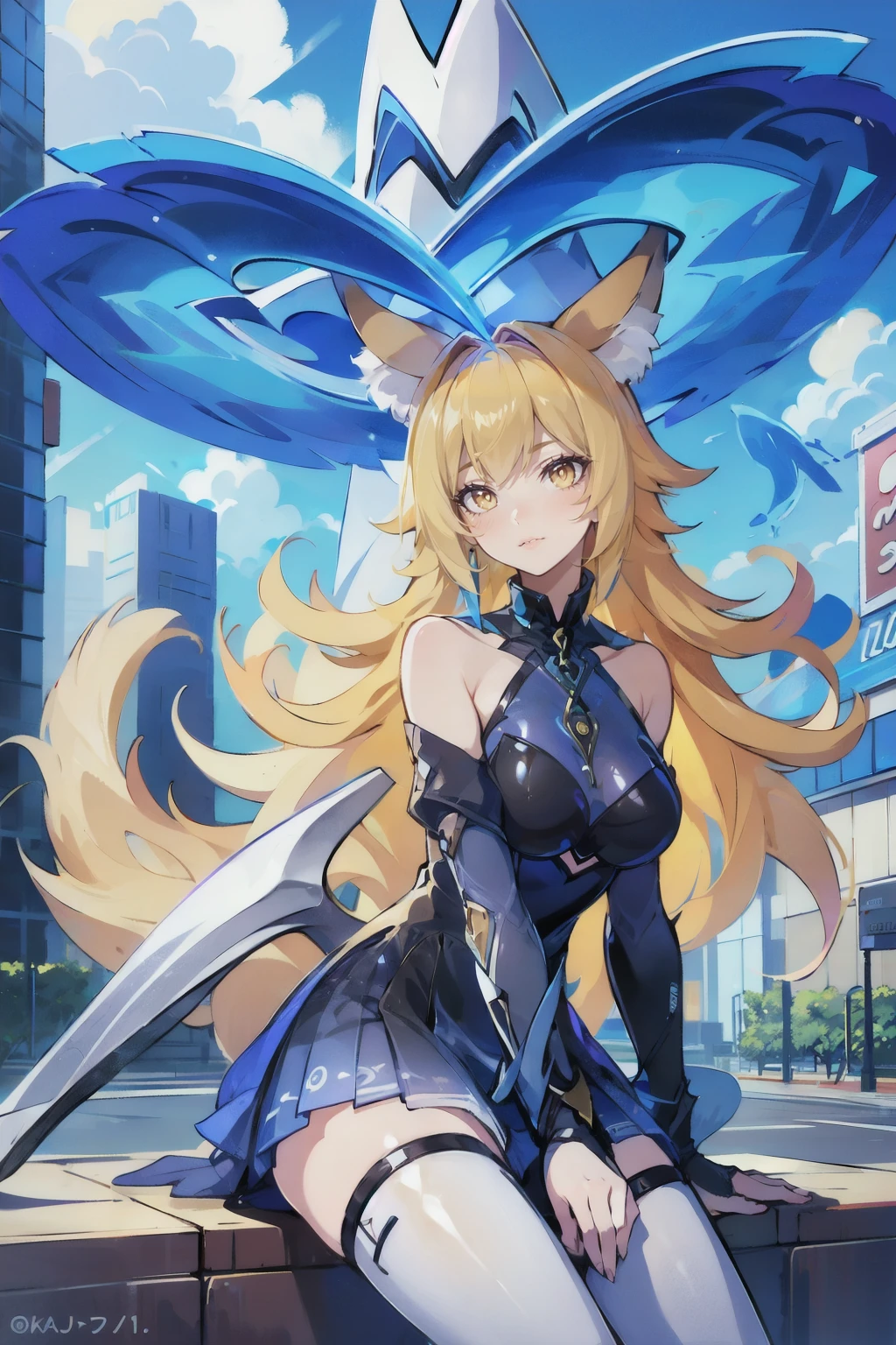 <lora:Liliana_Witching_Hour_ AoV_Model_LoRA:0.8>, Liliana_Witching_Hour, 1girl, solo, hat, witch hat, long hair, animal ears, fox ears, animal ear fluff, blonde hair, bangs, earrings, looking at viewer, yellow eyes, lips, closed mouth, bare shoulders, breasts, large breasts, dress, blue dress, black dress, gloves, black gloves, fingerless gloves, skirt, white skirt, thighhighs, white thighhighs, white footwear, tail, fox tail, fox girl, cat
, upper body, sitting
, outdoors, sky, day, cloud, blue sky, building, scenery, sign, road, lamppost, street, road sign, traffic light, crosswalk, best quality, ultra high res, (photorealistic:1.4), masterpiece, real life skin, hyper real