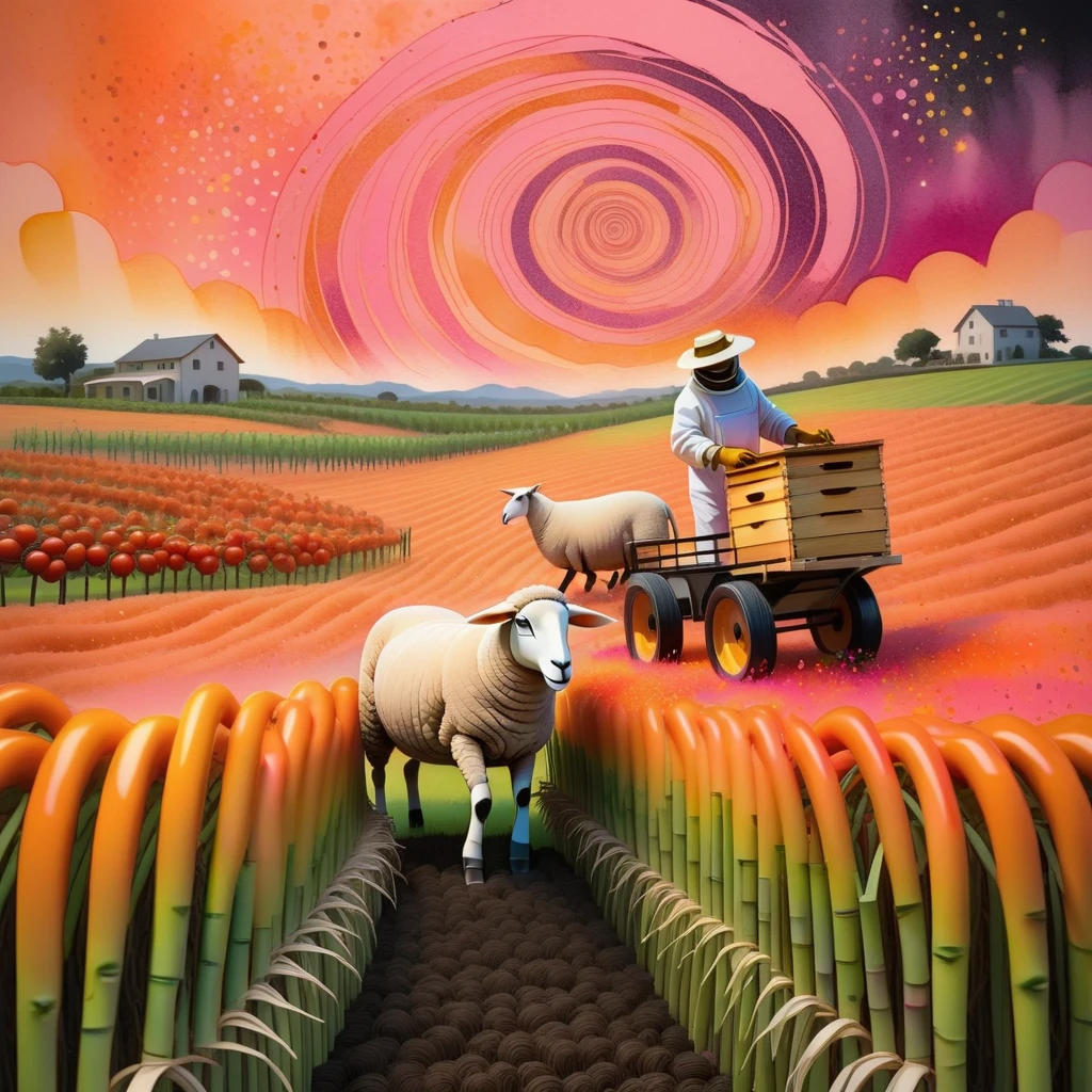 Beekeeper at the (Sheep Pasture), working near a (Vineyard) and interacting with (Horse) using Manure Spreader, to produce Tomatoes while growing (Sugarcane) in a (a lively field filled with bursts of color). This scene focuses on (a whimsical animal with spiral horns), evoking a sense of playful solitude and embracing the theme of a dance between brightness and darkness. The setting is rendered with a warm pinks fading into fiery oranges color palette, accented by delicate splatters resembling stars, soft glow of light peeking through and special stylistic elements like overlapping layers for depth, dynamic lines enhancing flow, light spots mimicking reflections. The artwork is created in dynamic paint strokes style with mediums such as acrylic pouring with pen outlines, collage with paint overlays, bold marker strokes on textured paper.