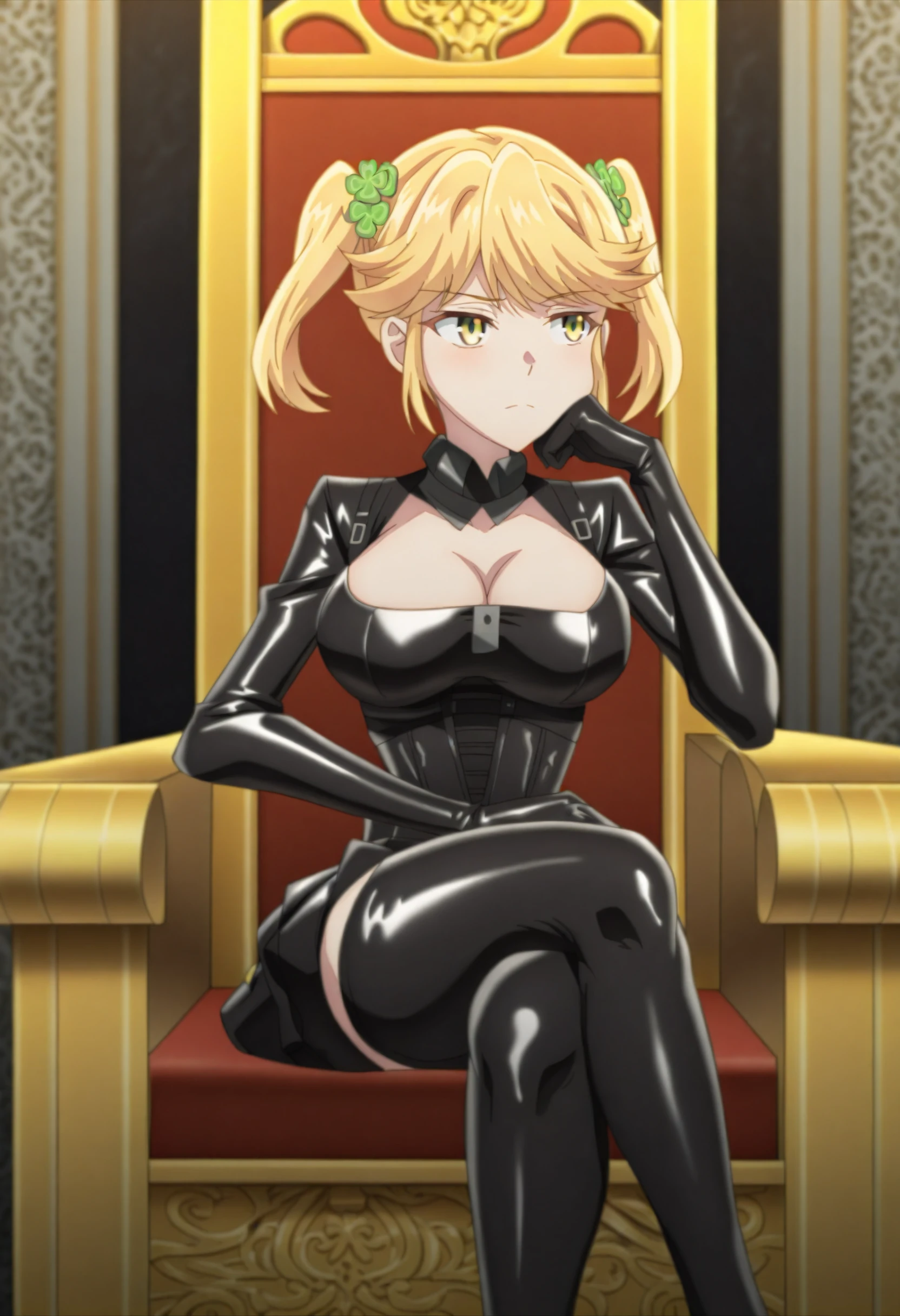 <lora:Tarte - [The Worlds Finest Assassin] - illustriousXL v1:1>, sysdeep_tarte, solo, breasts, short hair, large breasts, closed mouth,twintails, clover hair ornament, sitting, throne, indoors, crossed legs, black dress, latex dress, head rest, cleavage