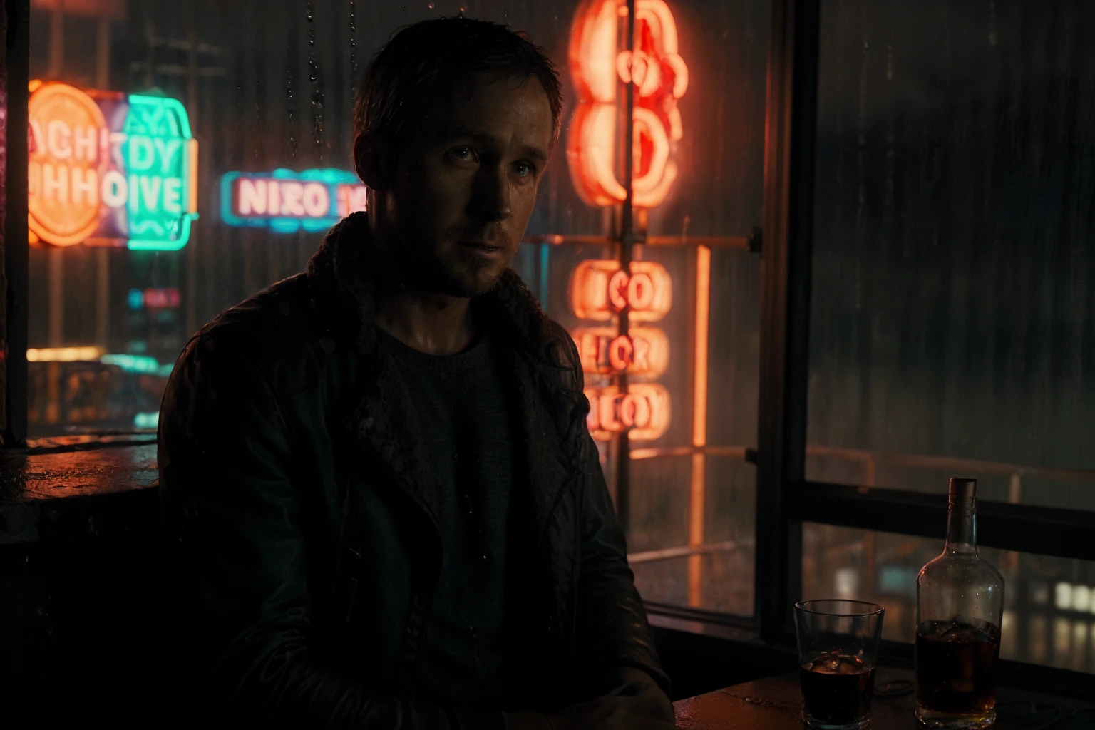 <lora:kd6dash3dot7:0.6> kd6dash3dot7, a man sitting in a bar, whiskey glass, (neon lights:1.3) , rain on window, raindrops, cinematic lighting, bokeh