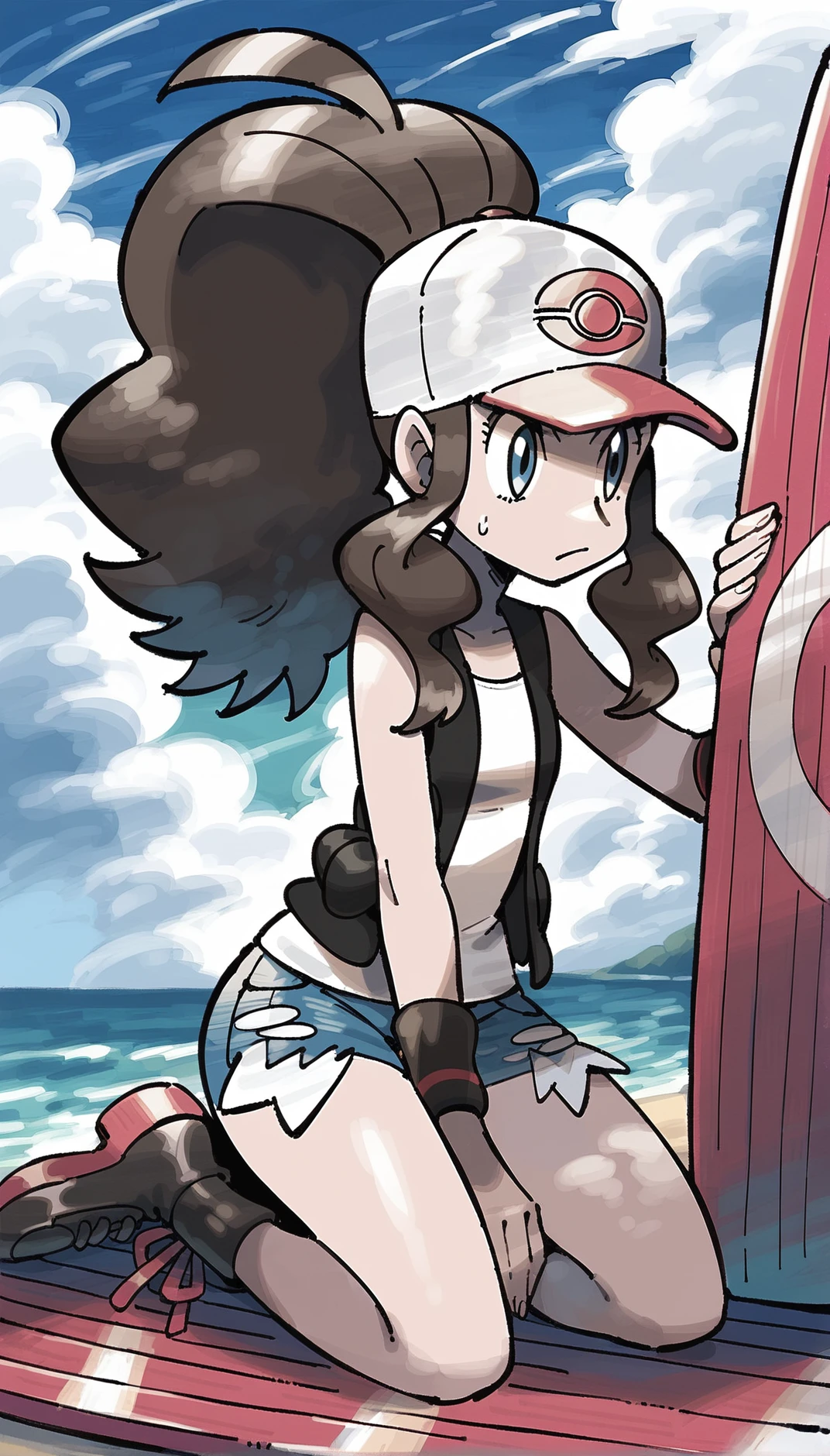 score_9,score_8_up,score_7_up,
<lora:hilda:1>,
bwhilda,
1girl,solo,brown hair,high ponytail,blue eyes,looking ahead,serious face,sweatdrop on face,red and white cap,black vest,white tank top under the vest,blue denim shorts,black wristbands,red bag,black boots,full body,facing aside,surfing on a vibrant blue ocean wave,kneeling on a purple surfboard with her hands gripping the edges,urrounded by splashes of white water,outdoors,blue sky,clouds,ocean,sparkling reflections,