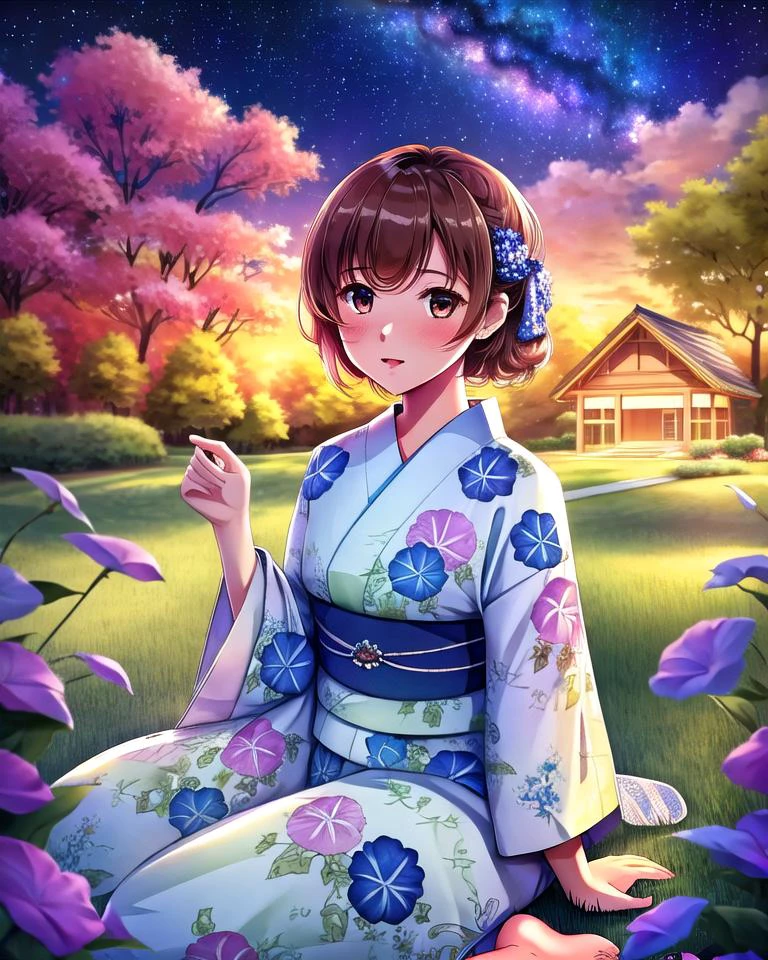 1girl, sitting on the ground, looking up at the milky way, summer nights, dynamic lighting, gorgeous colors, lush grass, detailed clothes, amazing composition, jacquard fabric, masterpiece, very detailed, trending on pixiv, 8k, highest quality, asagao