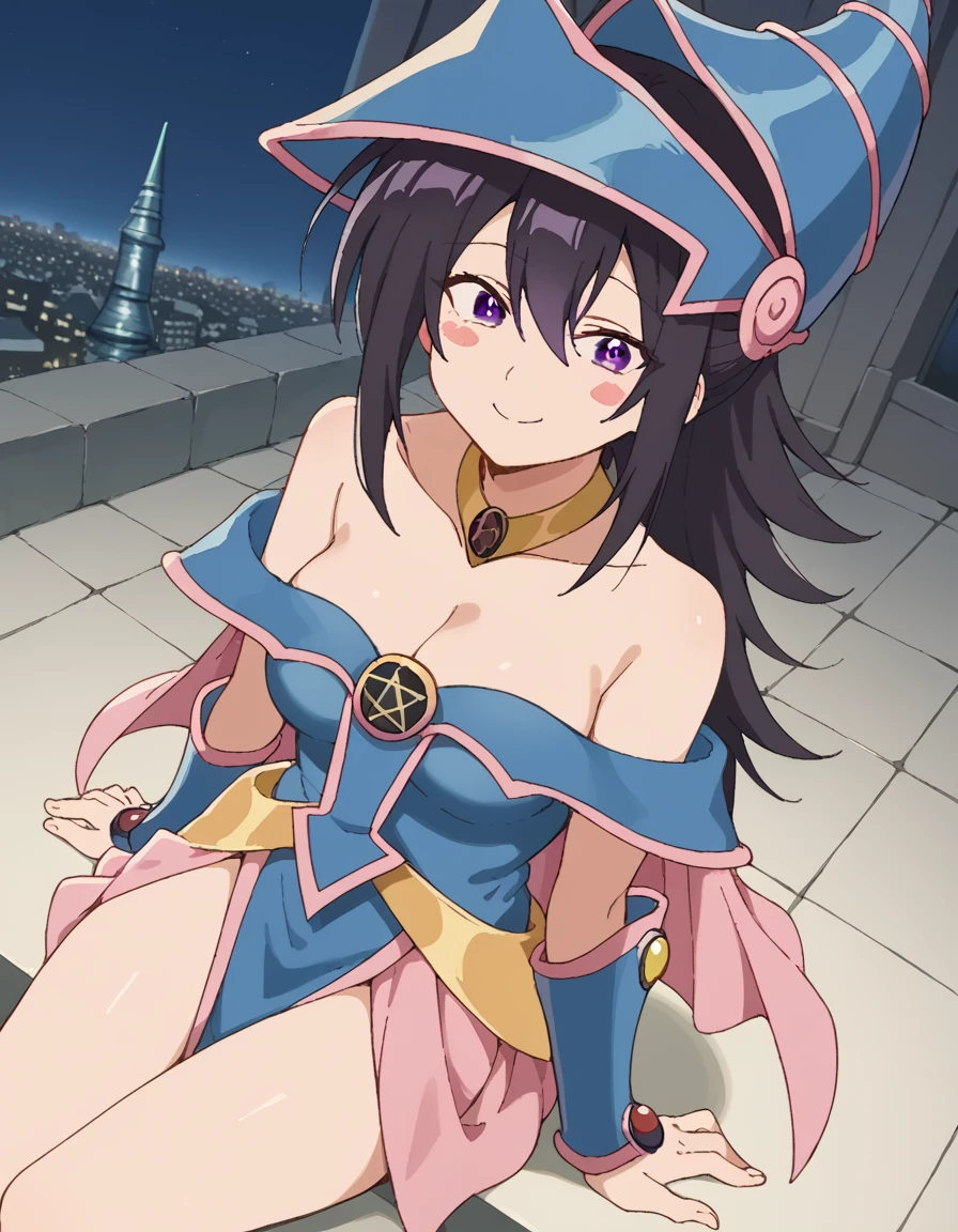 score_9, score_8_up, score_7_up, source_anime, <lora:motoko-izumi-s1-ponyxl-lora-nochekaiser:1>, motoko izumi, long hair, black hair, hair between eyes, purple eyes, ponytail, medium breasts,, <lora:dark-magician-girl-cosplay-ponyxl-lora-nochekaiser:1>, dark magician girl cosplay, dark magician girl (cosplay), bare shoulders, blue footwear, blush, blush stickers, cleavage, collarbone, duel monster, hat, off shoulder, pentacle, wizard hat,, outdoors, cityscape, sitting, smile, blush, cowboy shot, looking at viewer, , dutch angle, cowboy shot