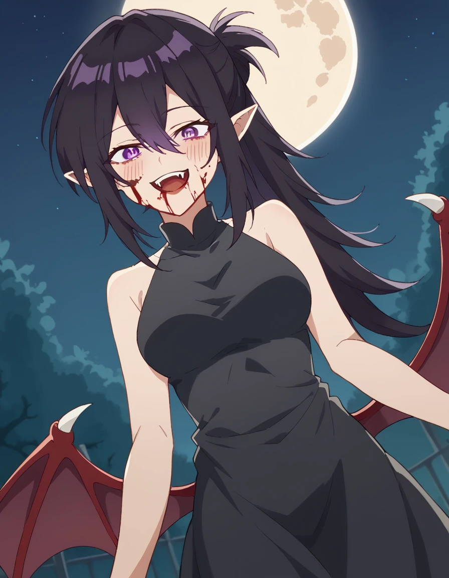 score_9, score_8_up, score_7_up, source_anime, <lora:motoko-izumi-s1-ponyxl-lora-nochekaiser:1>, motoko izumi, long hair, black hair, hair between eyes, purple eyes, ponytail, medium breasts,, <lora:vampire-ponyxl-lora-nochekaiser:1>, vampire, red eyes, pointy ears, fangs, black dress, wings, blood, blood on face, blood on mouth, bat (animal), halloween, halloween costume, upper teeth only, night, moon, blush, smile, open mouth, , dutch angle, cowboy shot