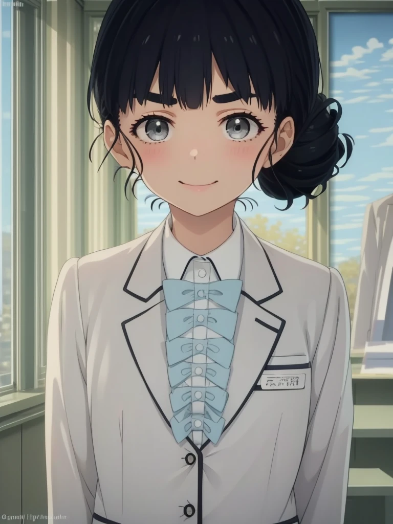 ((masterpiece)),(best quality),official art,extremely delicate and beautiful,extremely detailed CG,unity 8k wallpaper,ultra detailed,beautiful detailed eyes,extremely detailed face,outdoors,1girl,solo,upper body,(portrait:1.5),looking at viewer,facing viewer,smile,blush,Basori Tiara,short hair,black hair,single hair bun,blunt bangs,thick eyebrows,grey eyes,blue bowtie,school uniform,grey jacket,blazer,collared shirt,dress shirt,white shirt,long sleeves,small breasts,grey skirt,pleated skirt,black pantyhose,uwabaki,white footwear,<lora:Basori Tiara(tmlh):1.8>,