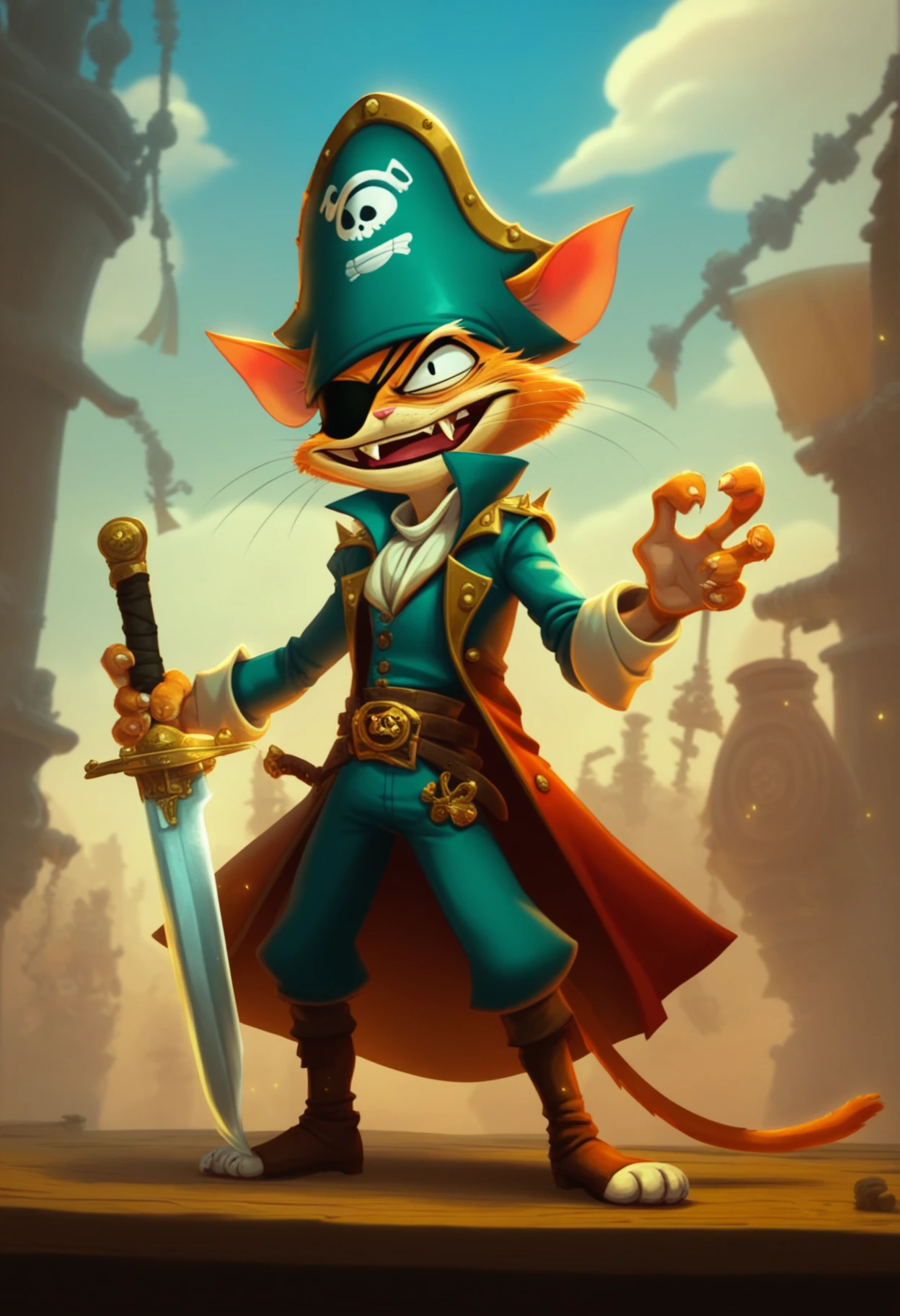 raymanstyle, safe_pos, score_9, score_8_up, score_7_up, 1boy, pirate captain, cat, solo, anthro, evil, fangs, eyepatch, holding, sword, pirate ship