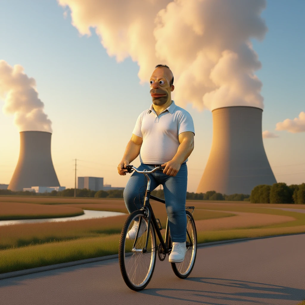 Homer is a man with a white shirt and a jeans. He's riding on a bicycle away from an exploding nuclear powerplant<lora:Homer:0.9>