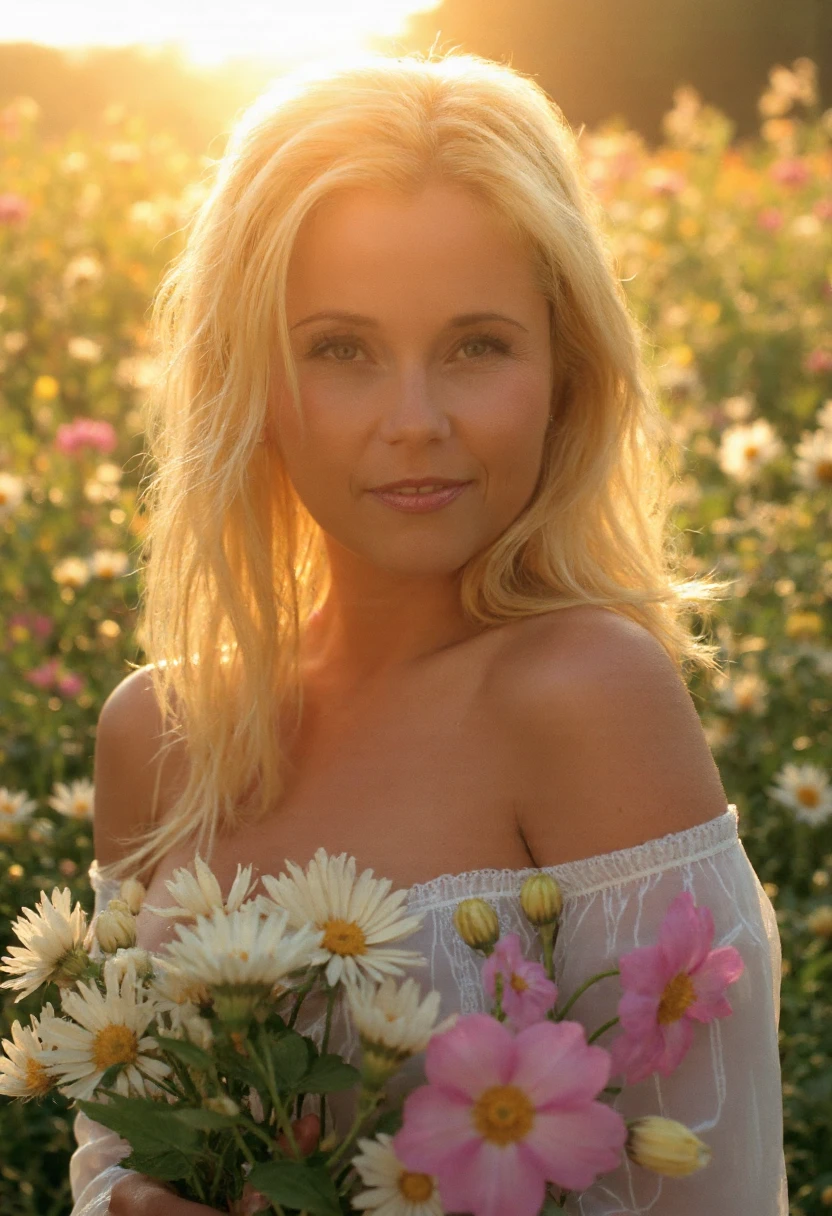 masterpiece, best quality, half naked girl, blonde hair, smiling, looking at viewer, adult, holding flower