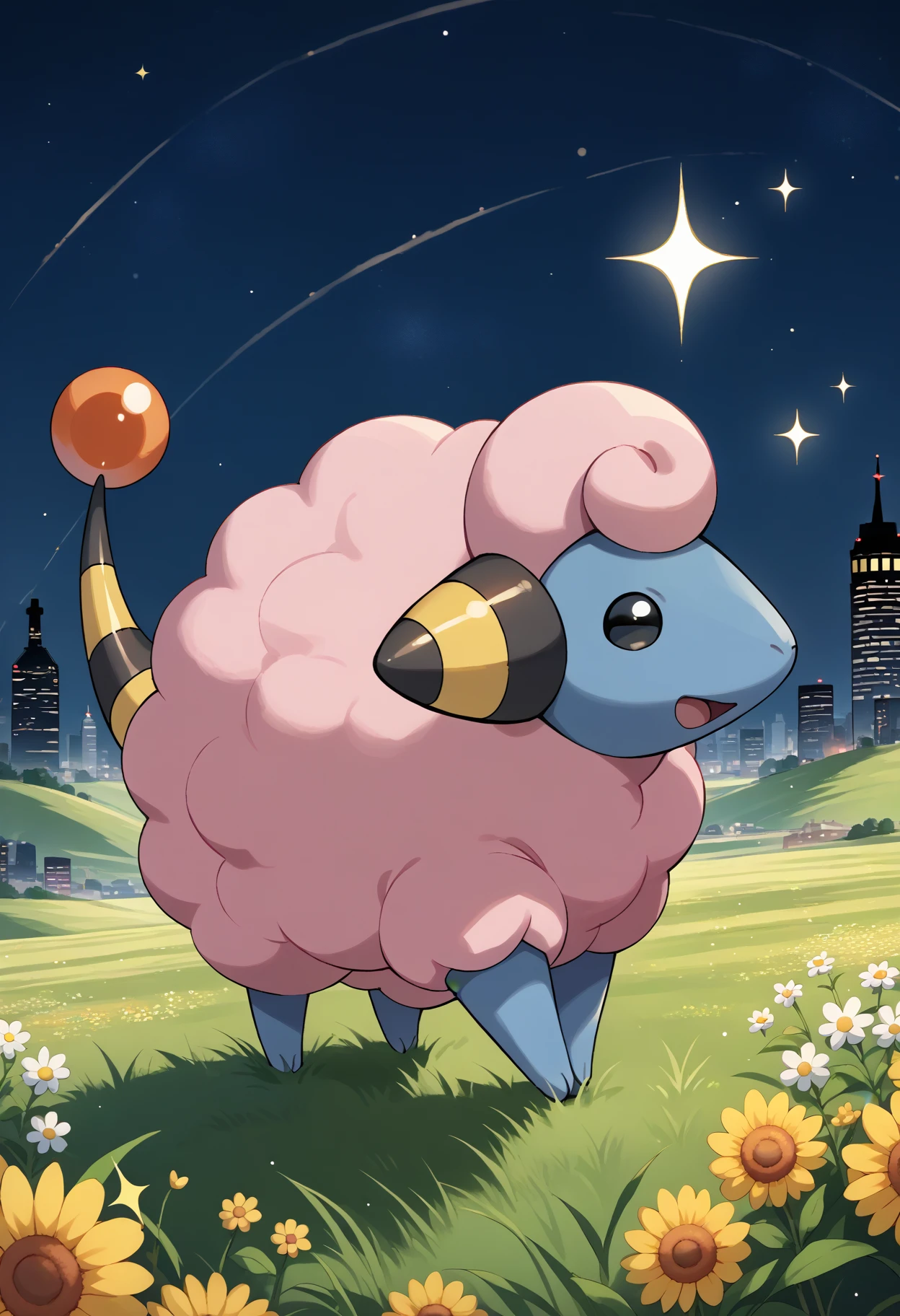 score_9, score_7_up, source_anime, full body, open mouth, from side, looking at viewer, <lora:MareepPKMN-pdxl:1> mrpPKMN, no humans, pokemon \(creature\), sheep, pink wool, sparkle, horns, black eyes, tail, field, city, night