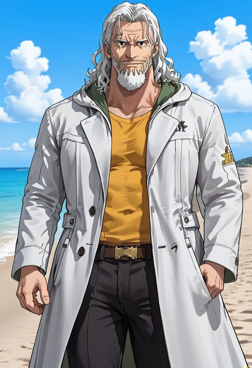 Silver rayleigh, white hair, beard, white coat, potrait, pants, yellow long sleeve, beach background,detail face,solo, high detail.4k,black eyes,