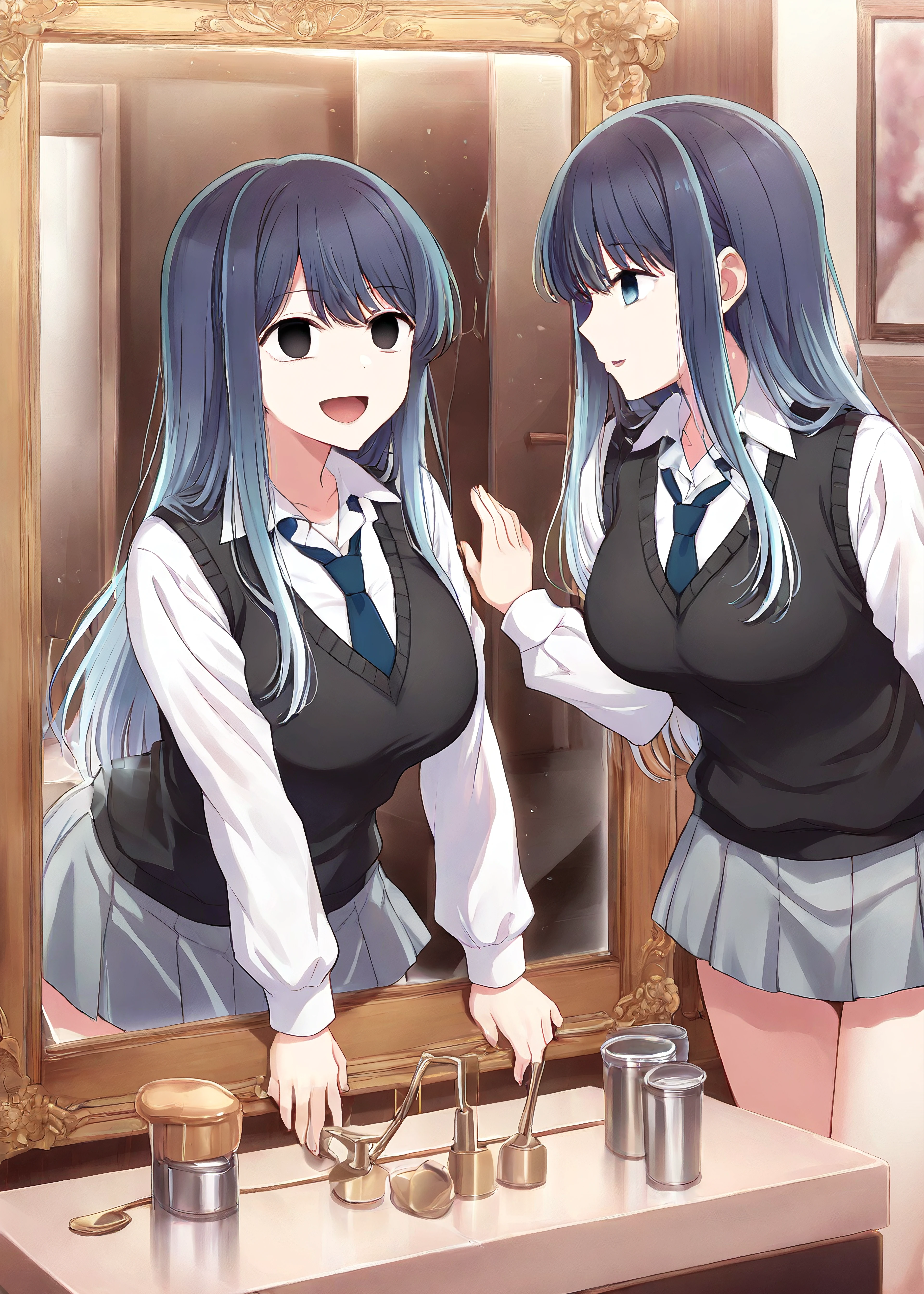 hauntedmirror, stage-2, mirror, reflection, different reflection, looking at another, dual persona, dark persona, eye contact,  looking at mirror, black eyes, empty eyes, hand on mirror, yandere, amazing quality, masterpiece, best quality, very aesthetic, absurdres, highres,  newest,  kurokawaakane, blue hair, aqua eyes, gradient hair, white shirt, collared shirt, miniskirt, grey skirt, black vest, long sleeves, blue necktie