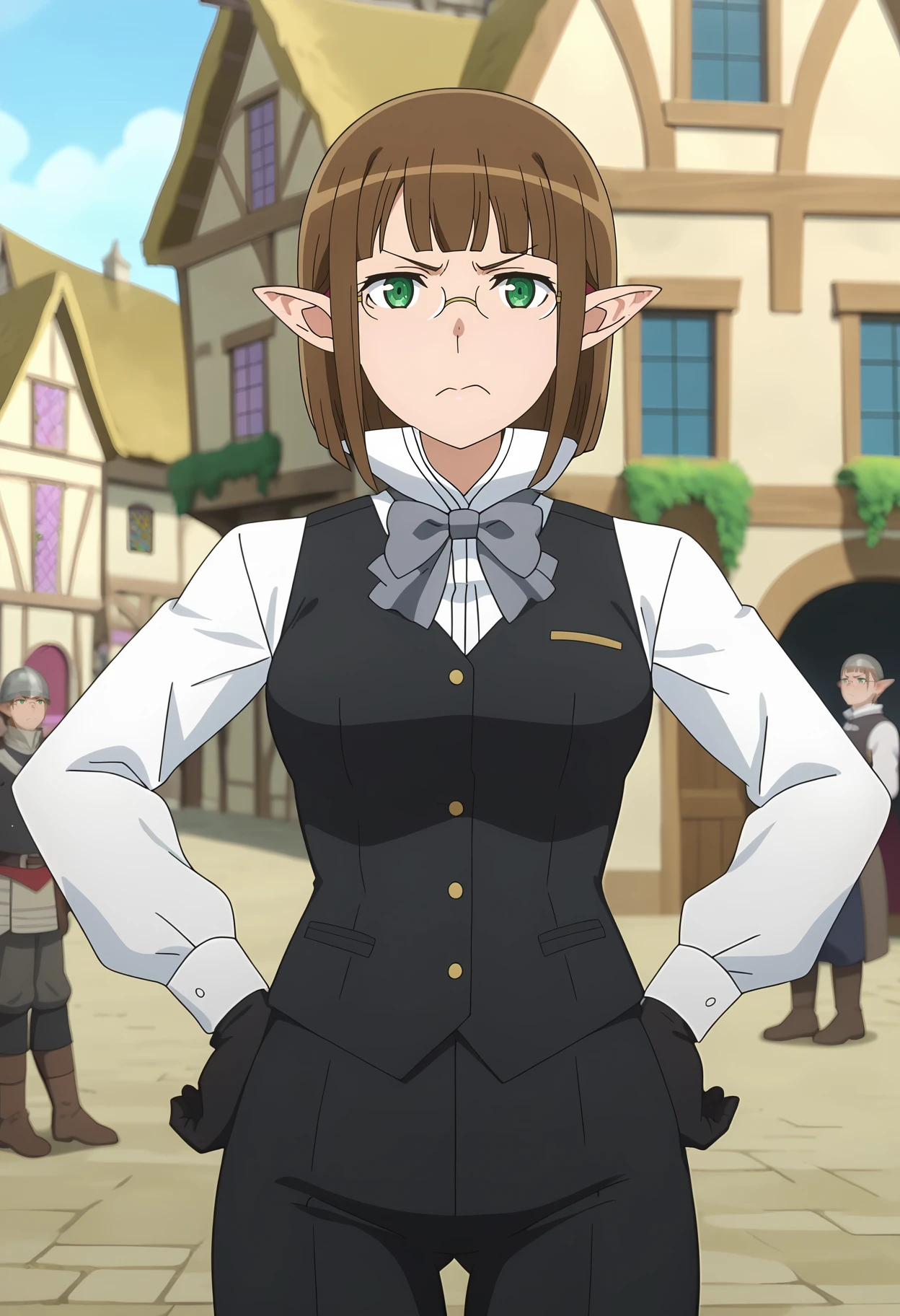 score_7_up, anime screencap,
<lora:DanMachi_EinaTulleXL:0.9>,
1girl, closed mouth, angry,
short hair, brown hair, blunt bangs, green eyes, pointy ears, rimless eyewear,
EinaUniform, white shirt, high collar, grey bowtie, black vest, long sleeves, black gloves, black pants,
hands on own hips, standing, looking at viewer,
town, medieval, blurry background