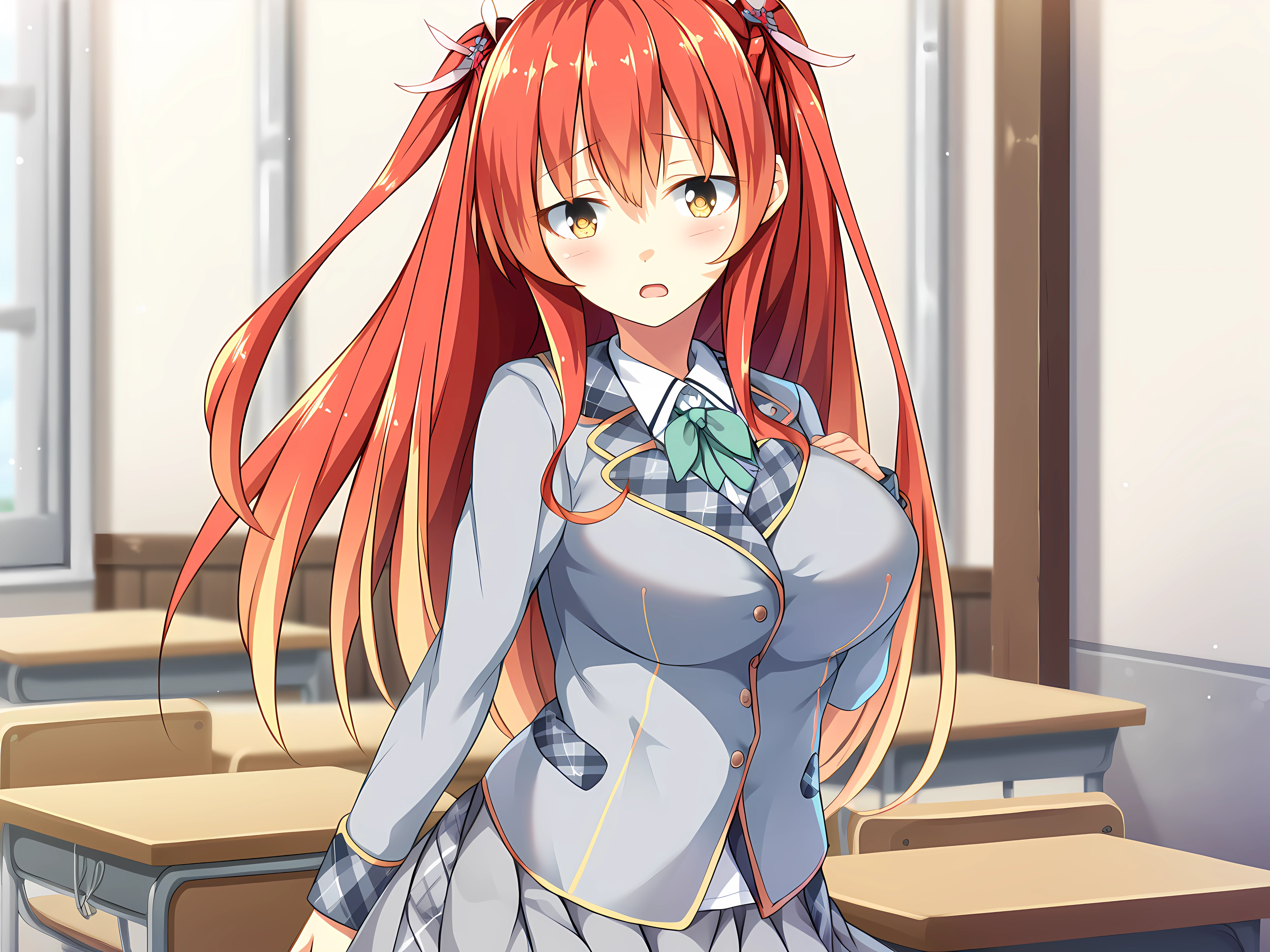 <lora:ESCUDE_-_Yamizome_Revenger_-_All_in_One:1>,escude,ayaka,1girl,solo,skirt,long hair,school uniform,red hair,looking at viewer,yellow eyes,breasts,schoolayaka,blush,open mouth,two side up,pleated skirt,hair ornament,long sleeves,jacket,grey skirt,bangs,large breasts,standing,bow,plaid,cowboy shot,indoors,bedroom,, score_9, score_8_up, score_7_up,source_anime,(masterpiece),(best quality),(ultra-detailed),(best illustration),(best shadow),(absurdres),(detailed background),(very aesthetic),source_anime