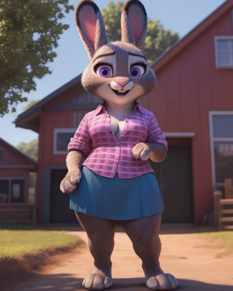 <lora:Bonnie_Hopps:0.6>, (zootopia style), (full body in shot), 1girl, solo, anthro, fully clothed, <lora:Furry_enhancer_Photo2:1>, front view, <lora:zootopia style:0.4>
BREAK
bonnie hopps (rabbit, lagomorph, anthro:1) (mature, 40yo) milf in a (pink check blouse) and (blue skirt) picking carrots, (standing pose), holding large carrot, (short, shortstack), (pretty, detailed facial features), (big, beautiful bright purple eyes), ((happy flirty expression)),((detailed, realistic fur <lora:Furtastic_Detailer:0.6>)), curvy, voluptuous, (large breasts), (torpedo tits), saggy tits, paws, [short legs]
BREAK
outdoors, farm background, bright daylight, shafts of sunlight, shallow depth of field, best quality, realistic, extremely detailed, ultra realistic, character concept art, highly detailed, intricate, (sharp focus), 85mm, (centered image composition), ((professionally color graded)), hdr 4k, 8k, (((four fingers and thumb))), bright diffuse, (RAW photo), best quality, realistic, photorealistic, extremely detailed, 8k, highest quality, masterpiece, High detail, (realistic, photo realism:1.37), (highest quality), (best shadow), ultra high resolution, highly detailed CG unified 8K wallpapers, physics-based rendering, cinematic lighting, <lora:MBHU-TT2F:0.6>