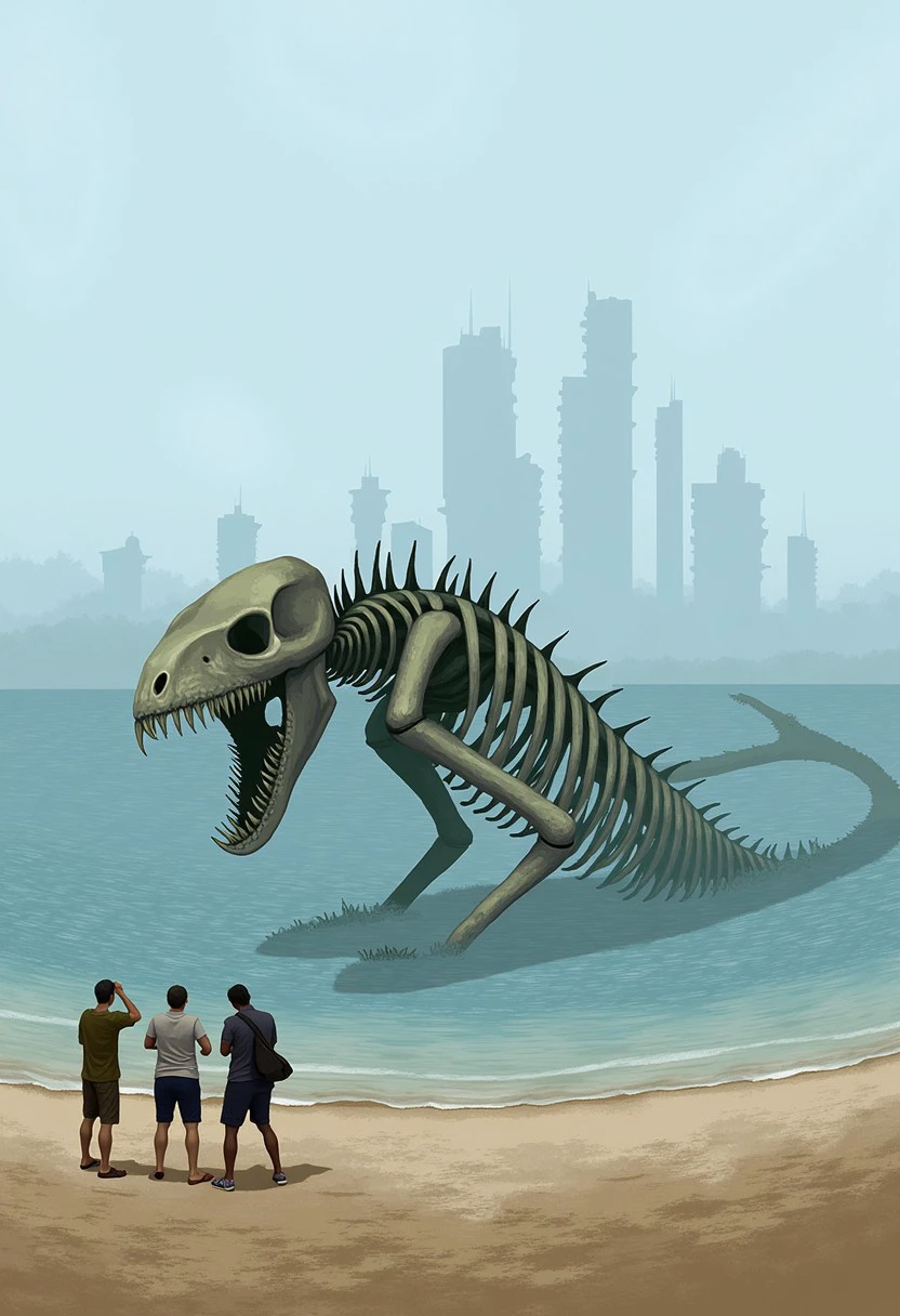 A digital painting made by Toye, This is a digital painting depicting a surreal, dramatic scene at a desolate beach. The artwork features a massive, skeletal creature, resembling a giant eel or serpent, (lying half-submerged in the shallow water at the shoreline). The creature's mouth is open, revealing rows of sharp, jagged teeth, and its ribcage is visible, giving it a skeletal appearance. There are people on the beach observing the large skeletal creature