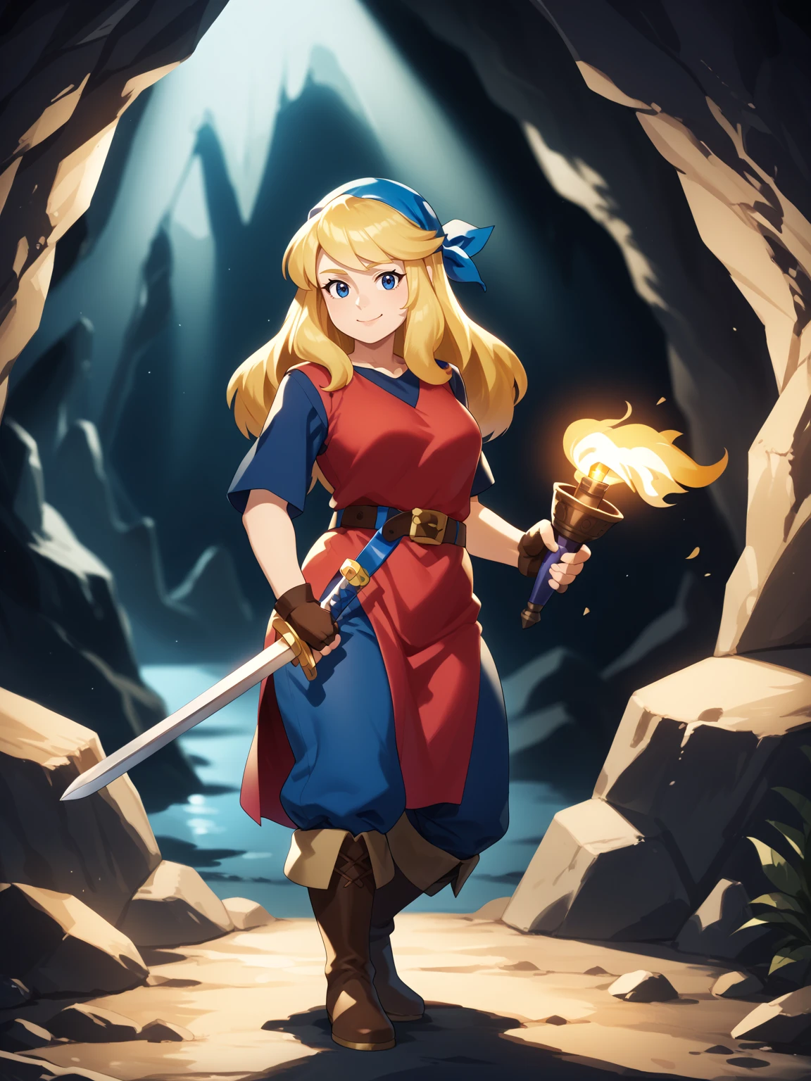 score_9, score_8_up, score_7_up, BREAK,
1girl, cadence, blue eyes, blonde hair, long hair,
thick thighs, blue bandana, red tunic, fingerless gloves, brown boots, belt, blue pants,
standing, holding and torch, sword, weapon, looking at viewer, solo,
smile, cave background   <lora:CadencePDXL_byKonan:1>