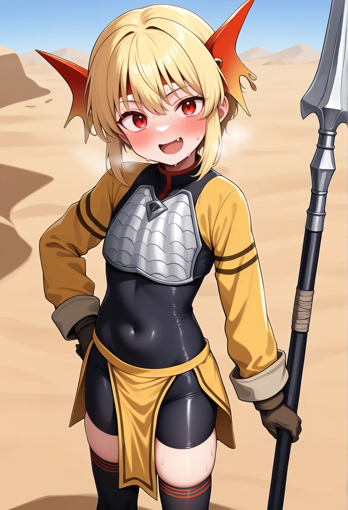 1girl, solo, standing, bike shorts, bodysuit under clothes, covered navel, short hair, blonde hair, sidelocks, red eyes, fang, headband, hair ornament, long sleeves, gloves, body armor, pelvic curtain, thighhighs, holding polearm, spear, smile, looking at viewer, outdoors, desert, sweat  <lora:Sharon_Illus:0.7>, masterpiece, best quality, amazing quality, very aesthetic, absurdres, highres, newest