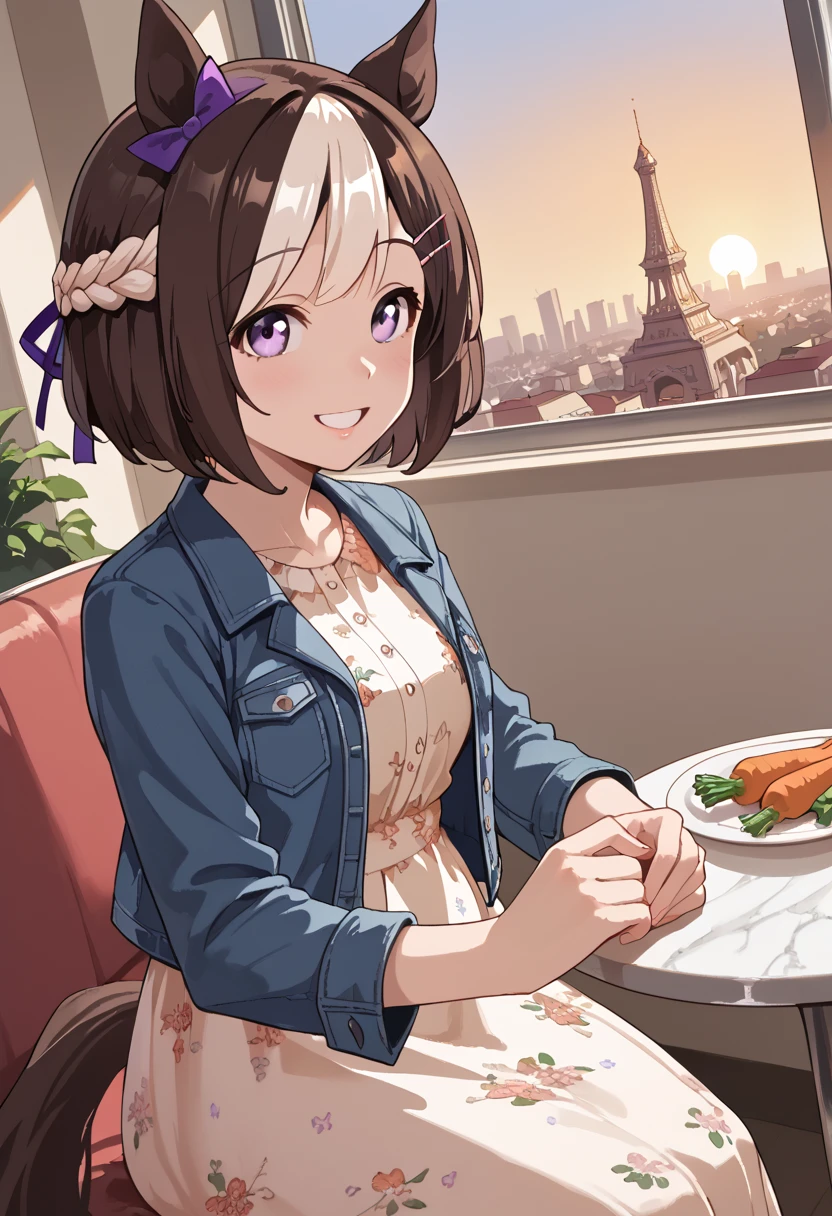 <lora:Special_Week_v2.0_Cibitai:0.8>,UMASW,horse ears,horse tail,purple eyes,hair bow,short hair,crown braid,brown hair,two-tone hair,multicolored hair,CASUA7,dress with a floral pattern,denim jacket,hairclip,city,sunset,restaurant,carrots juice,dish,sitting,smile,galss window,goursious,chandelier,dutch angle, score_9, score_8_up, score_7_up,source_anime