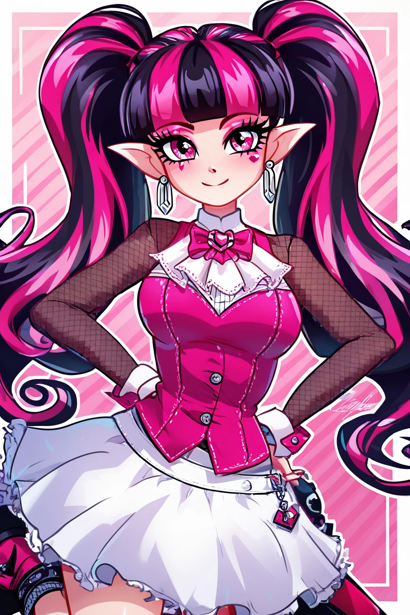 score_9, score_8_up, score_8, medium breasts, (curvy), cute, eyelashes,       BREAK, ,  zzDraculaura, solo, twintails, multiclored hair, pink hair, black hair, pink eyes, pointy ears, earrings, fishnet sleeves, frilled sleeves, long sleeves, blunt bangs, monster high, pink vest, white skirt, pink knee boots,  <lora:Draculaura_MH_PDXL_v5:0.8>, BREAK, smile, closed mouth, looking at viewer, cowboy shot, ,,, embedding:zPDXL, Expressiveh, ,,, <lora:Konpeto_PDXL_v3:1.0>, <lora:SDXLFaeTastic2400:0.5>, <lora:Expressive_H-000001:0.4>,