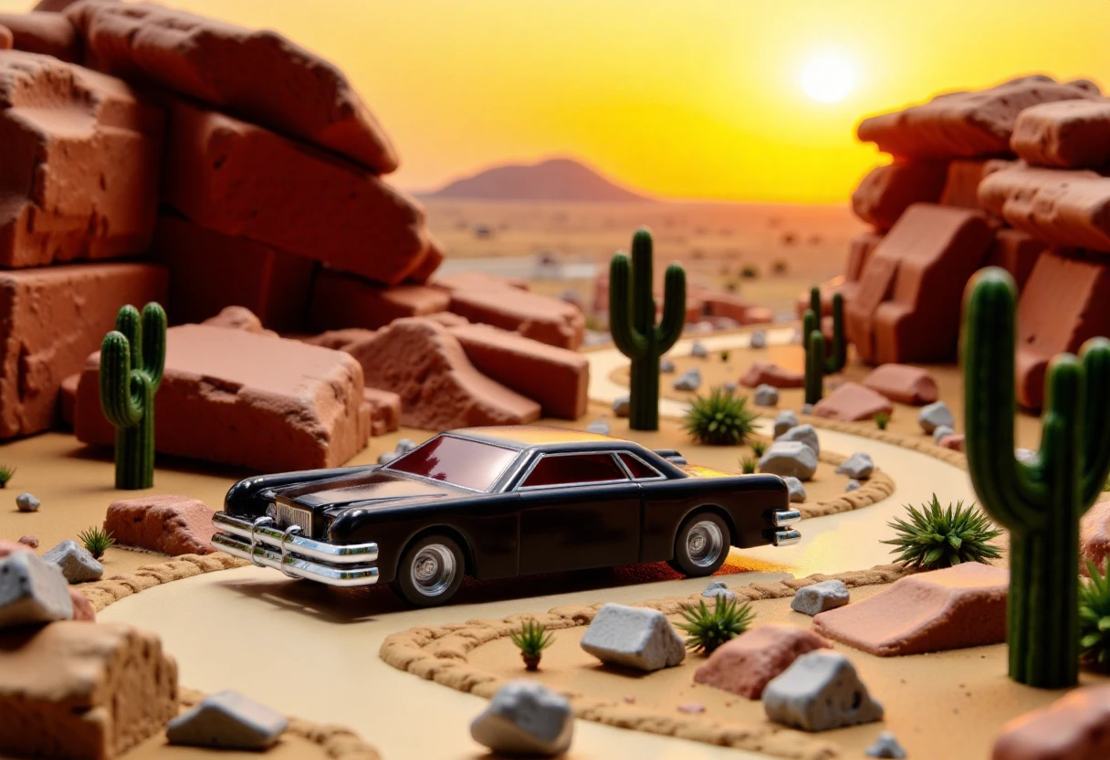 a diorama of a plastic model kit featuring, image of th3carmin: A black car is parked in a desert scene with a sandy road, a rocky hillside, and a few cacti. The car is positioned in the center of the image, and the background features a beautiful sunset. The car is the main focus of the scene, and the desert setting adds a sense of adventure and exploration.