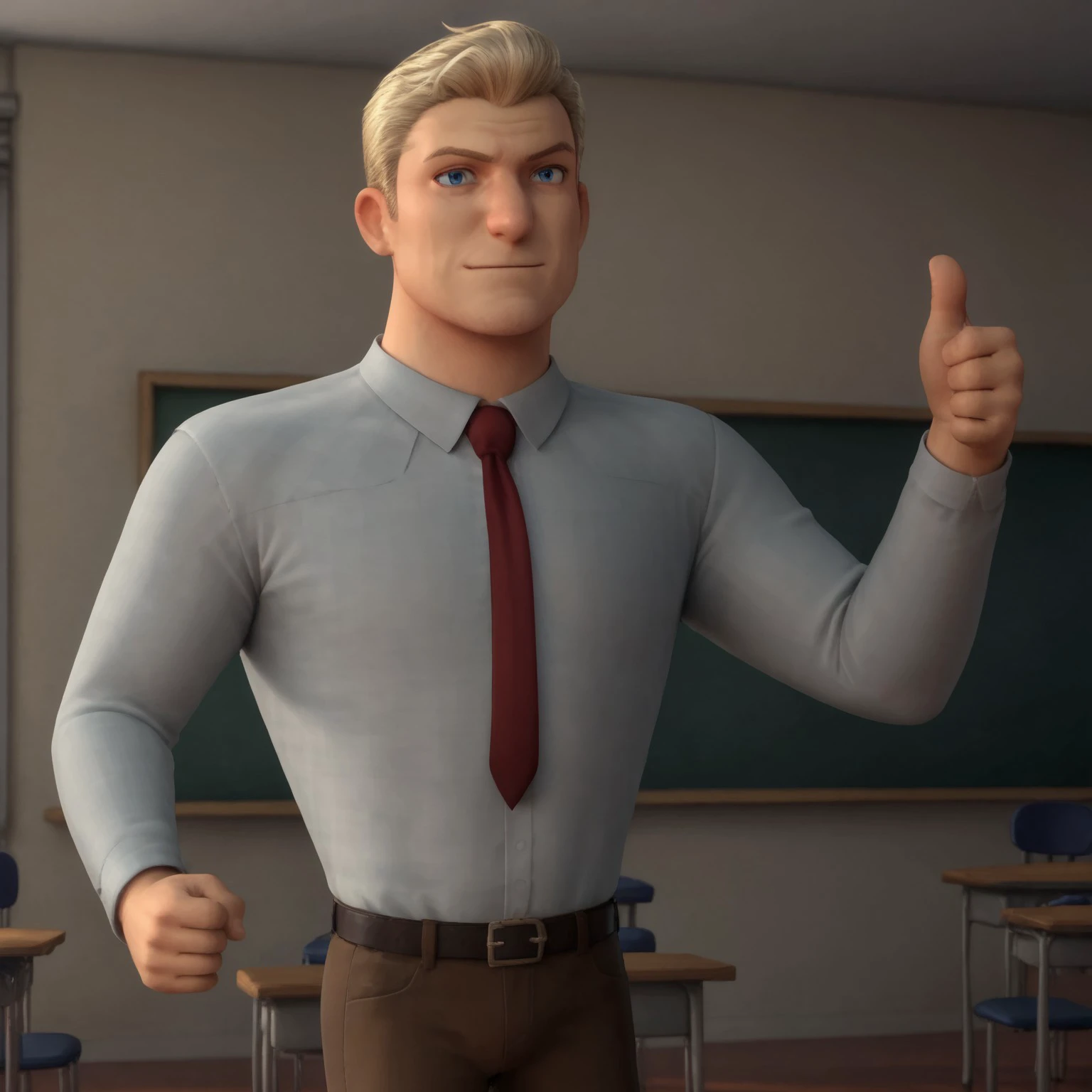 score_9, score_8, score_7, score_6_up, (sr-uhl, male, 1boy, blonde hair, blue eyes, white shirt, red tie, brown pants, belt,) thumbs up, classroom,