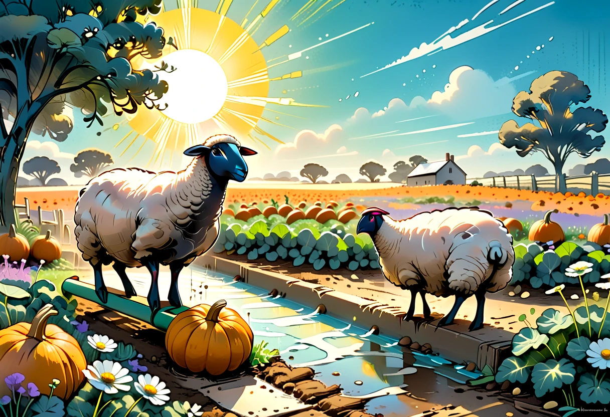 Feed Supplier at the (Vegetable Garden), working near a (Water Trough Area) and interacting with (Guinea Fowl) using Disc Harrow, to produce Pumpkins while growing (Kale) in a (a windswept plain with blooming wildflowers). This scene focuses on (a sheep staring curiously at the sky), evoking a sense of curious calm and embracing the theme of exploring the unexpected. The setting is rendered with a sun-kissed yellows against cool teals color palette, accented by soft glow of light peeking through, splashes of paint around the edges and special stylistic elements like streaky lines suggesting motion, quick, sketchy linework, rough, tactile textures. The artwork is created in vintage animation style style with mediums such as graffiti-style spray and stencil, digital airbrush with ink effects, marker and paint pen blend.  <lora:artfully_FARMSTORY:1>