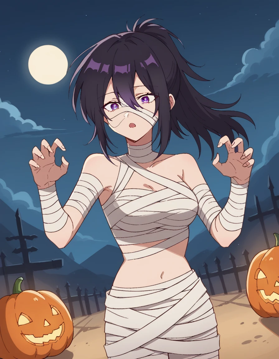 score_9, score_8_up, score_7_up, source_anime, <lora:motoko-izumi-s1-ponyxl-lora-nochekaiser:1>, motoko izumi, long hair, black hair, hair between eyes, purple eyes, ponytail, medium breasts,, <lora:mummy-costume-ponyxl-lora-nochekaiser:1>, mummy costume, bandages, halloween costume, bandaged arm, zombie pose, bandage on face,, desert, moon, night, open mouth, , dutch angle, cowboy shot