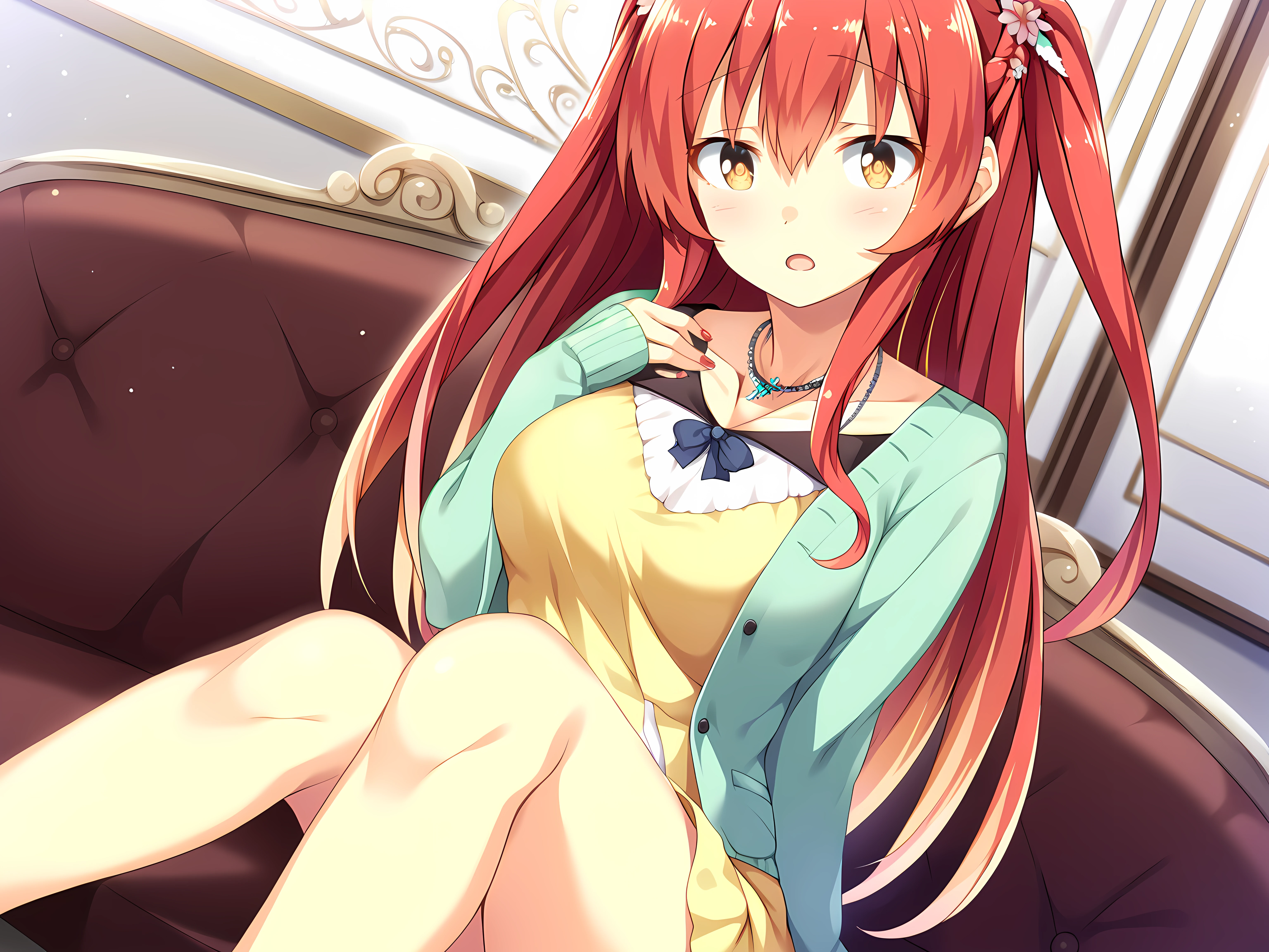 <lora:ESCUDE_-_Yamizome_Revenger_-_All_in_One:1>,casualayaka,escude,ayaka,1girl,solo,long hair,open mouth,red hair,jewelry,necklace,yellow dress,looking at viewer,hair ornament,two side up,indoor,couch,yellow eyes,blush,breasts,nail polish,hair flower,flower,green cardigan,bow,sitting,knees up,collarbone,, score_9, score_8_up, score_7_up,source_anime,(masterpiece),(best quality),(ultra-detailed),(best illustration),(best shadow),(absurdres),(detailed background),(very aesthetic),source_anime