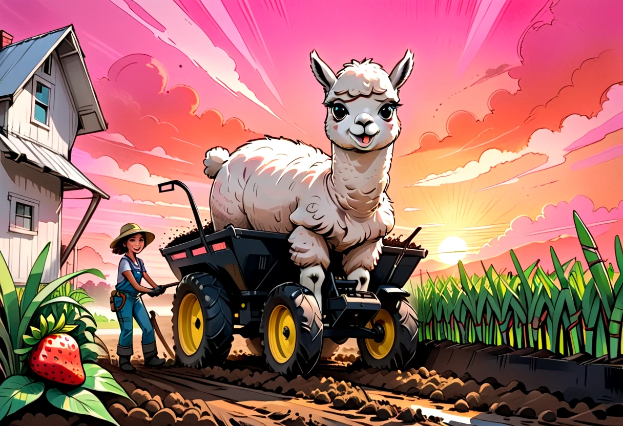 Farmhand at the (Farmhouse), working near a (Compost Pile) and interacting with (Alpaca) using Manure Spreader, to produce Strawberries while growing (Sugarcane) in a (a colorful world with pink and orange skies). This scene focuses on (an expressive creature with a mischievous grin), evoking a sense of peaceful happiness and embracing the theme of the humor of being different. The setting is rendered with a neon pinks with muted grays color palette, accented by light streaks crossing the scene, whispy lines of light and special stylistic elements like delicate shading around eyes, overlapping layers for depth, thick, chunky highlights. The artwork is created in comic illustration style with mediums such as digital airbrush with ink effects, watercolor with crayon accents, textured digital brushes.  <lora:artfully_FARMSTORY:1>