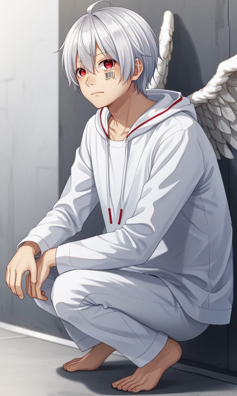 squatting, MafuMafu, silver hair, red eyes, ahoge, cheek barcode, hoodie, pants, bare feets, angel wings, nimbus, teru teru bōzu