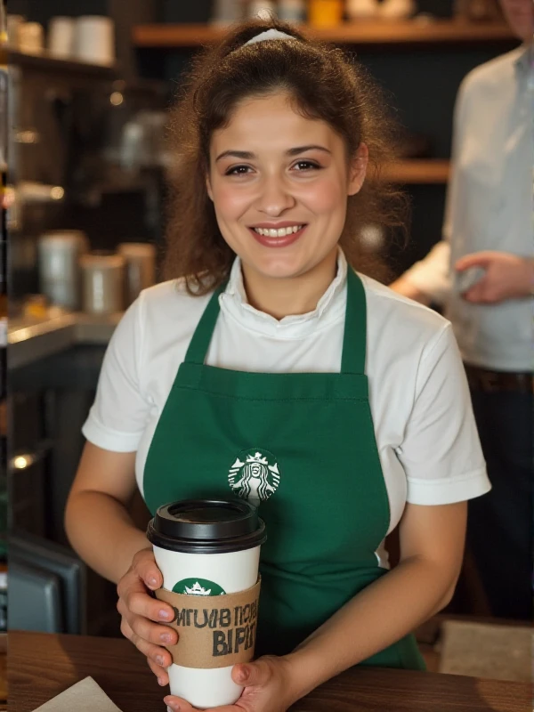 Raffaela_Anderson is a woman. She is working in a starbuck. She wears a starbuck uniform and serves coffee<lora:Raffaela_Anderson:0.9>