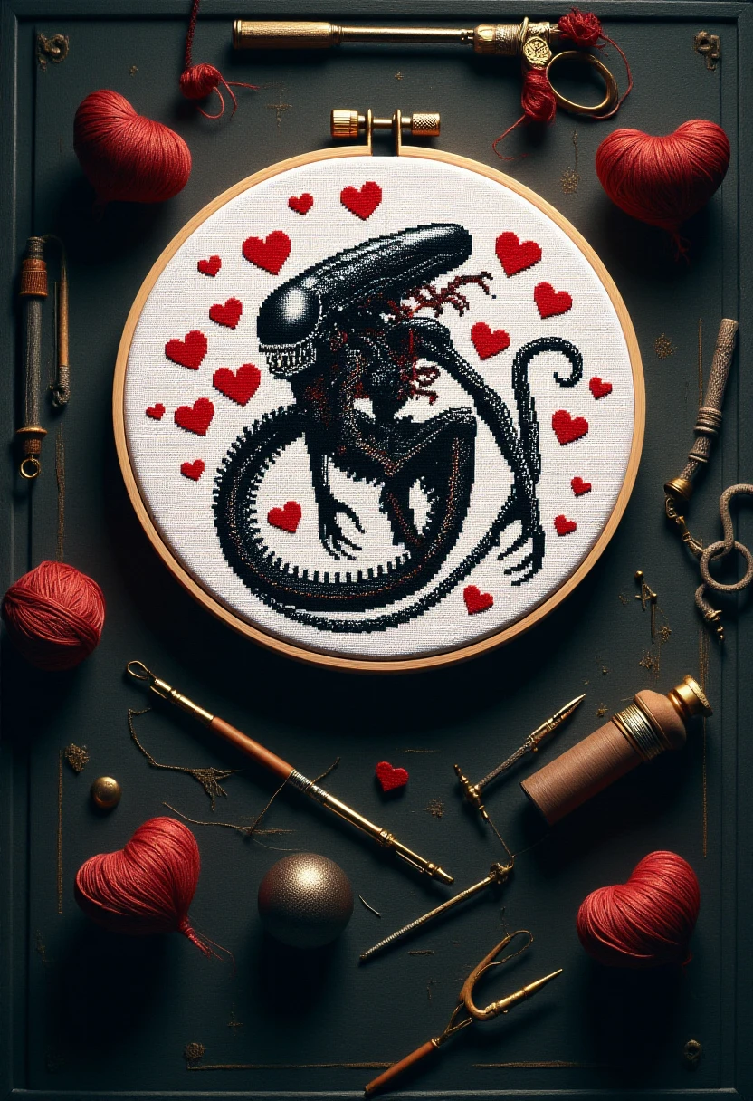 <lora:Cross_Stitcher_FLUX:0.9> 
The image is a photograph showcasing a detailed embroidery piece depicting a black xenomorph surrounded by red hearts. The embroidery piece is displayed on the wall of derelict, dark, scary spacecraft.