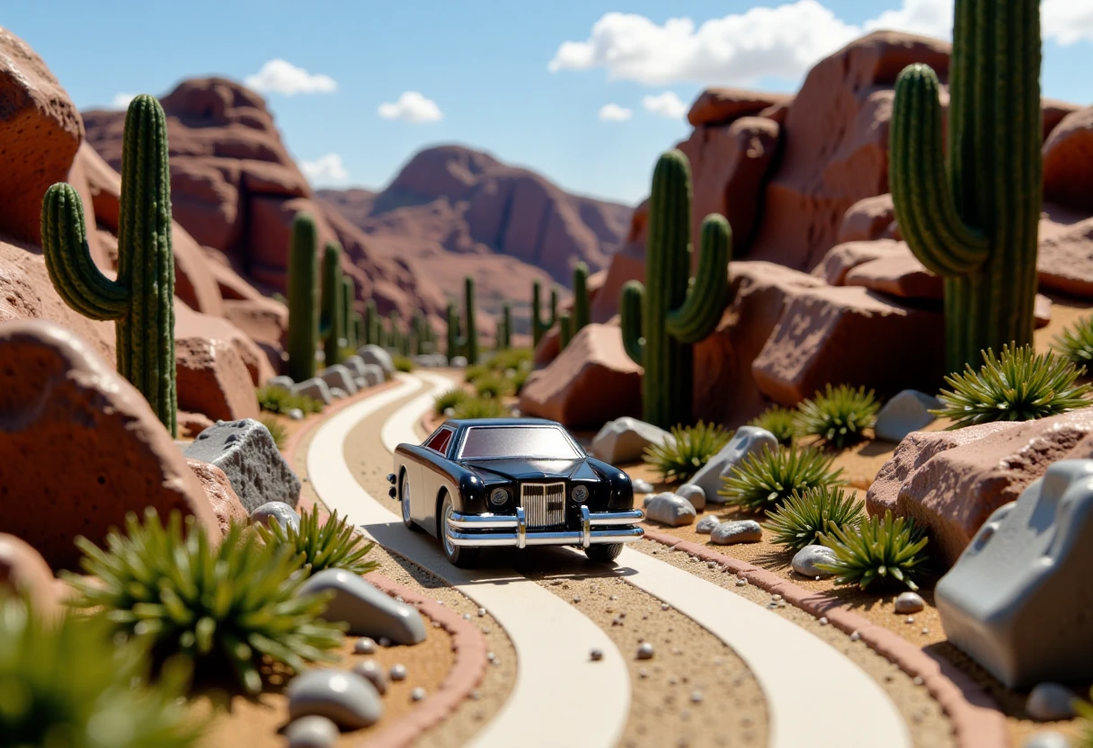 An image of a black car driving through a desert landscape, with a rocky hillside and a dirt road. The car is positioned in the center of the scene, and the landscape is filled with various rocks and cacti. The car appears to be a classic model, and the overall composition gives a sense of adventure and exploration.