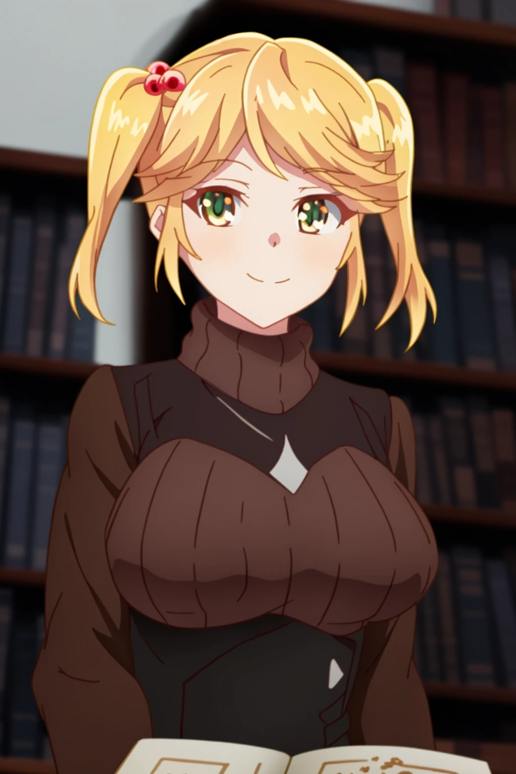 <lora:Tarte - [The Worlds Finest Assassin] - SD 1.5 v1:1>, sysdeep_tarte, solo, breasts, looking at viewer, smile, short hair, large breasts, long sleeves, closed mouth, twintails, upper body, sidelocks, indoors, medium hair, blurry, black dress, sweater, book, blurry background, swept bangs, turtleneck, light smile, hair bobbles, ribbed sweater, turtleneck sweater, straight-on, bookshelf, food-themed hair ornament, brown dress, brown sweater