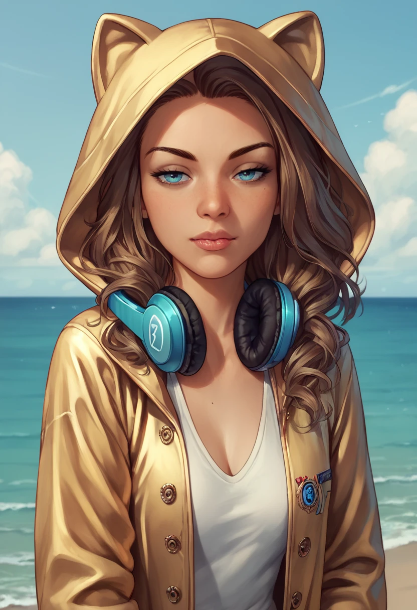 <lora:Lynette-PXL:1> Lynette-pxl, Lynette, , 1girl, solo, half-closed_eyes, breast focus, Gold coat, Ice headphones, animal hood, halter, shore, score_9, score_8_up, score_7_up, score_6_up, score_5_up, score_4_up,