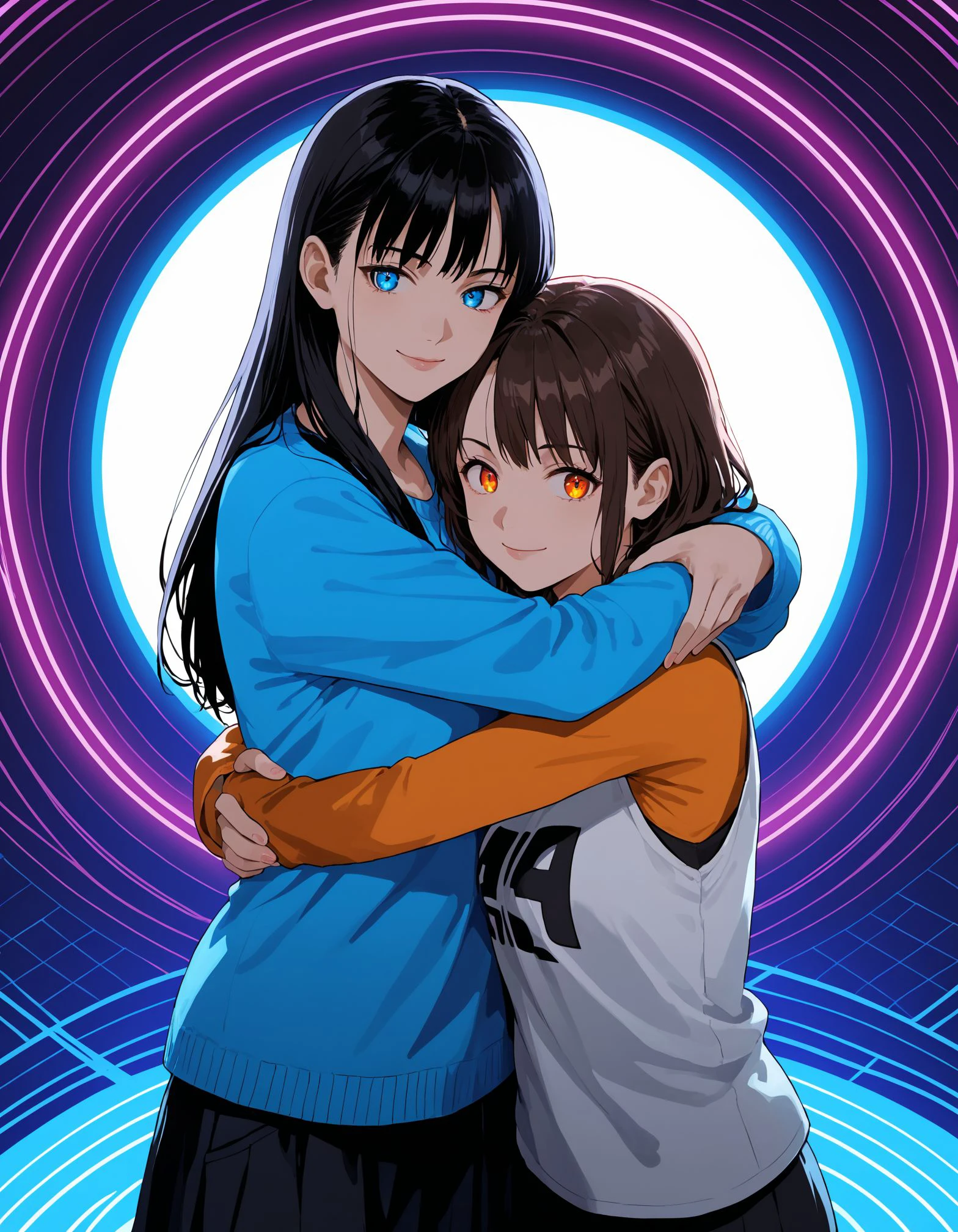 score_9, rating_safe, source_anime, 2girls, hugging, detailed background, vibrant colors, volumetric lighting, high resolution, best friends