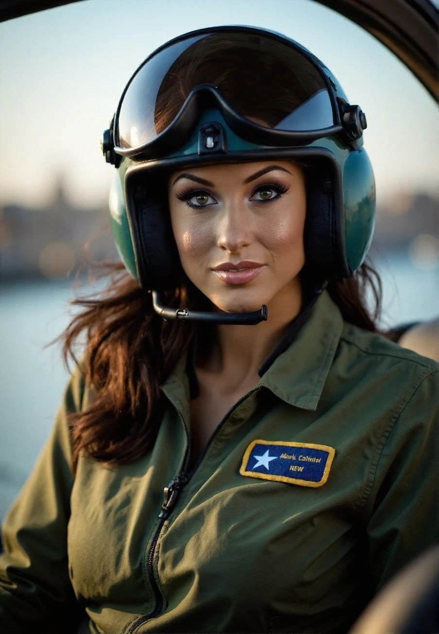 A professional photograph of a young woman, Alice_Goodwin, working as a helicopter pilot, wearing a helmet and a military flight suit, bokeh, SFW<lora:Alice_Goodwin:1>