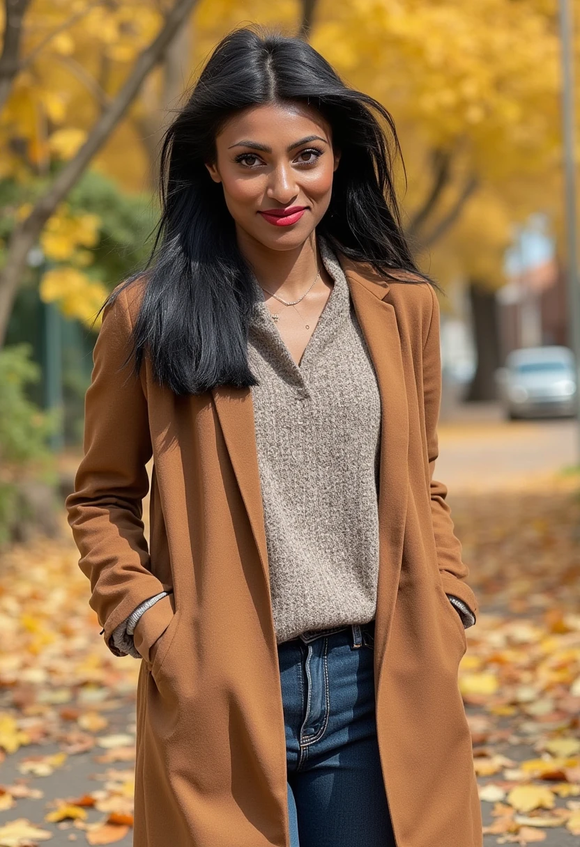 an amateur photo of shinisomara, a woman, wearing lipstick and modest casual autumn clothes and jeans on a sunny autumn day. Golden leafs on the ground.