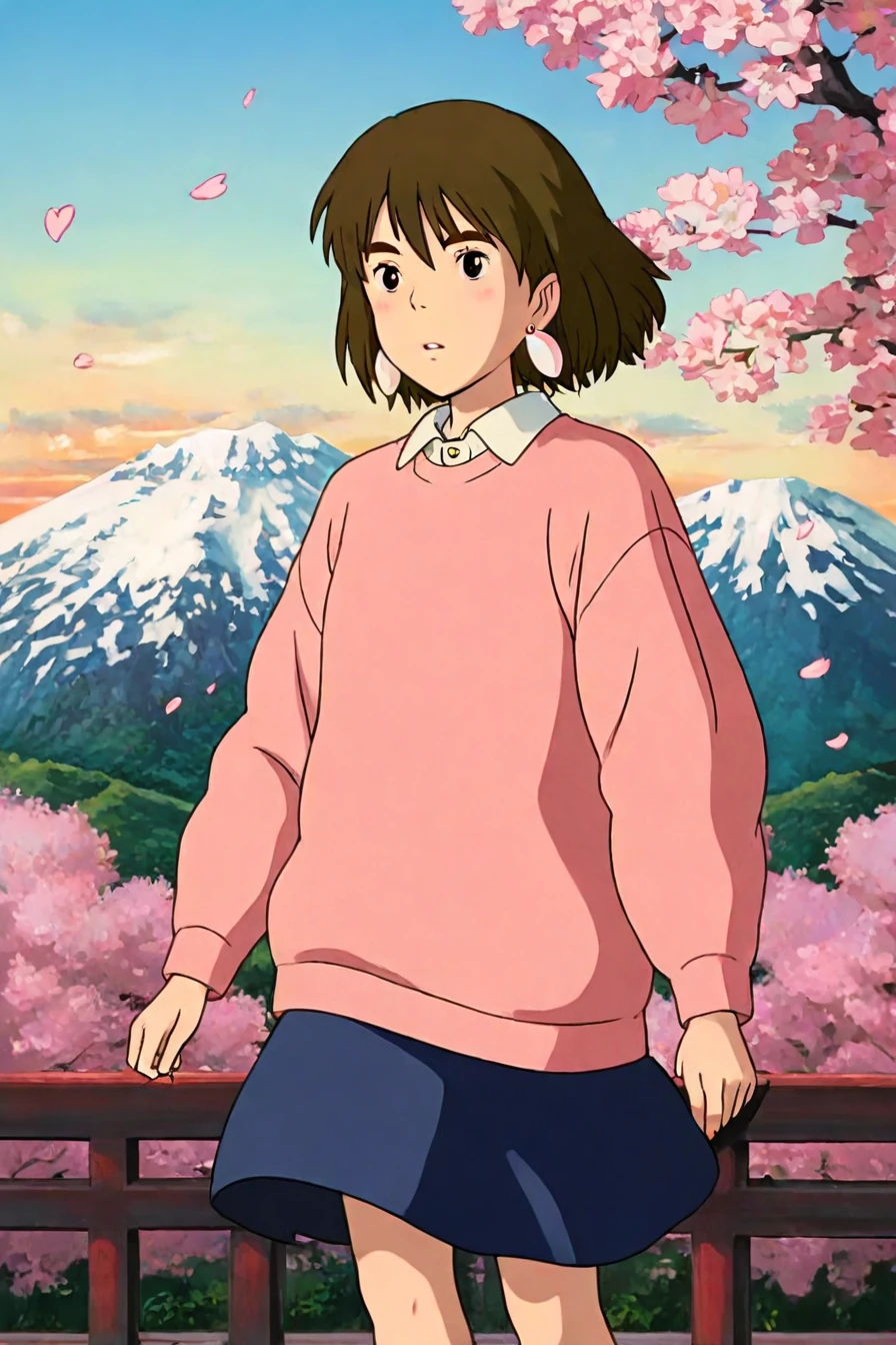 score_9, score_8_up, score_7_up, score_6_up, score_5_up, score_4_up, <lora:ghibli_style_illustriousXL:1>, 1girl,  brown hair, dark eyes, medium hair, hair between eyes, thick eyebrows, earrings, white collared shirt, oversized pink pullover, long sleeves, red bow, blue short skirt, untucked shirt, 1girl, ghibli_style, solo, alone, masterpiece, highres,  mount fuji, cherry blossoms, petals, falling petals, sun