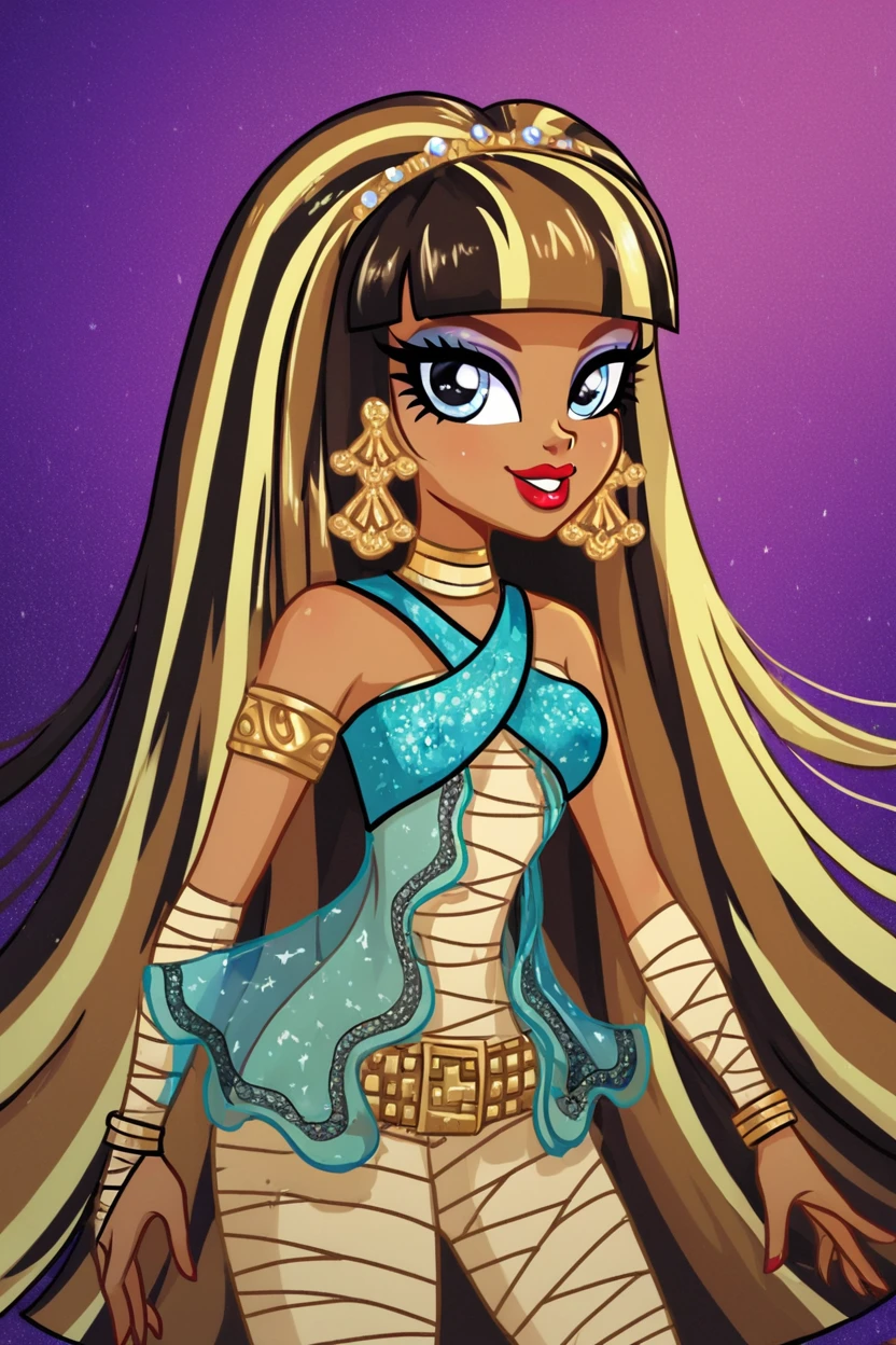 score_9, score_8_up, score_8, medium breasts, (curvy), cute, eyelashes, BREAK, , zzCleo, long hair, multicolored hair, dark skin, blunt bangs, bangs, two-tone hair, black hair, blonde hair, streaked hair, eyeliner, very long hair, brown hair, makeup, lipstick, bandages, jewelry, earrings, eyeshadow, dress, armlet, red lips, <lora:Cleo_MH_PDXL:0.8>, , BREAK, smile, looking at viewer, cowboy shot, ,,, embedding:zPDXL, <lora:theButcherXPDXL:0.8>,