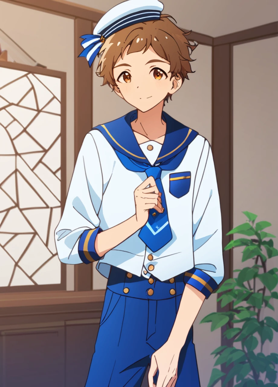 score_9, score_8_up, score_7_up, score_6_up, score_5_up, score_4_up, best quality, amazing quality, best aesthetic, absurdres, million live normal rarity style, 1boy, solo, indoors, mitsuru tenma, brown hair, brown eyes, sailor outfit, white shirt with a blue collar and gold buttons, blue tie with a white star pattern, blue shorts with gold buttons, white sailor hat with a blue ribbon, blue ribbon tied around his pants <lora:Normal_Rarity_ML-08:0.7> <lora:Mitsuru_Tenma_Ensemble_Stars_-_Pony:0.7>