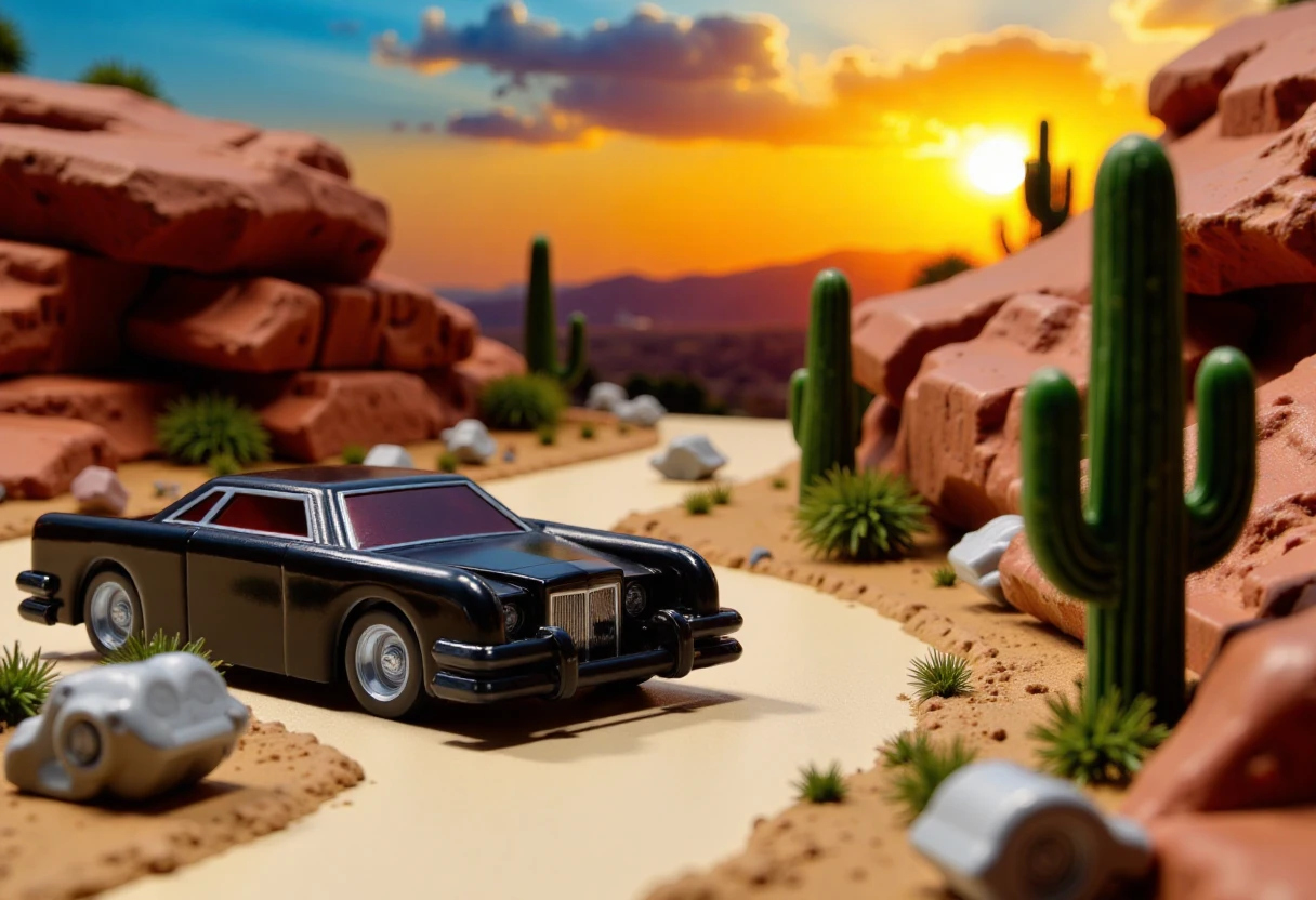 a diorama of a plastic model kit featuring, image of th3carmin: A black car is parked in a desert scene with a sandy road, a rocky hillside, and a few cacti. The car is positioned in the center of the image, and the background features a beautiful sunset. The car is the main focus of the scene, and the desert setting adds a sense of adventure and exploration.