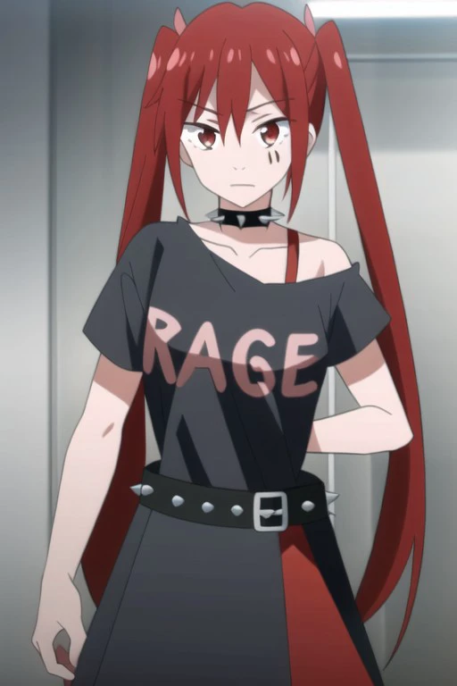 (masterpiece),anarchy, red hair, twintails, red eyes, long hair, 1girl, solo, shirt, belt, collar, spiked collar, spikes, looking at viewer, black shirt, clothes writing, red skirt, skirt